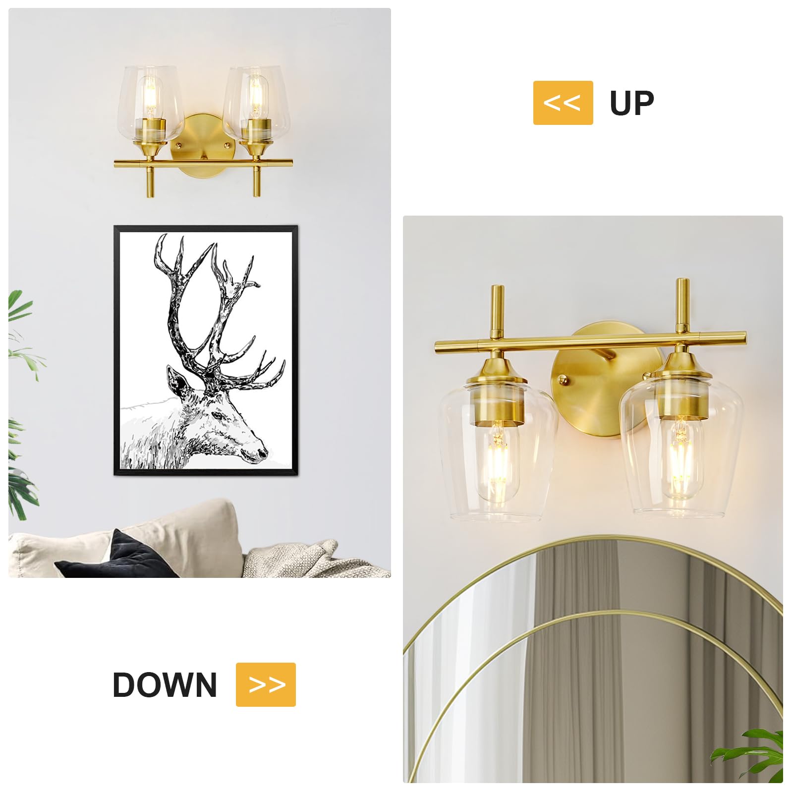 foucasal Bathroom Light Fixture 2-Light Gold Vanity Light, Clear Glass Shade, Brushed Brass, Model ULB0046H-2TONG