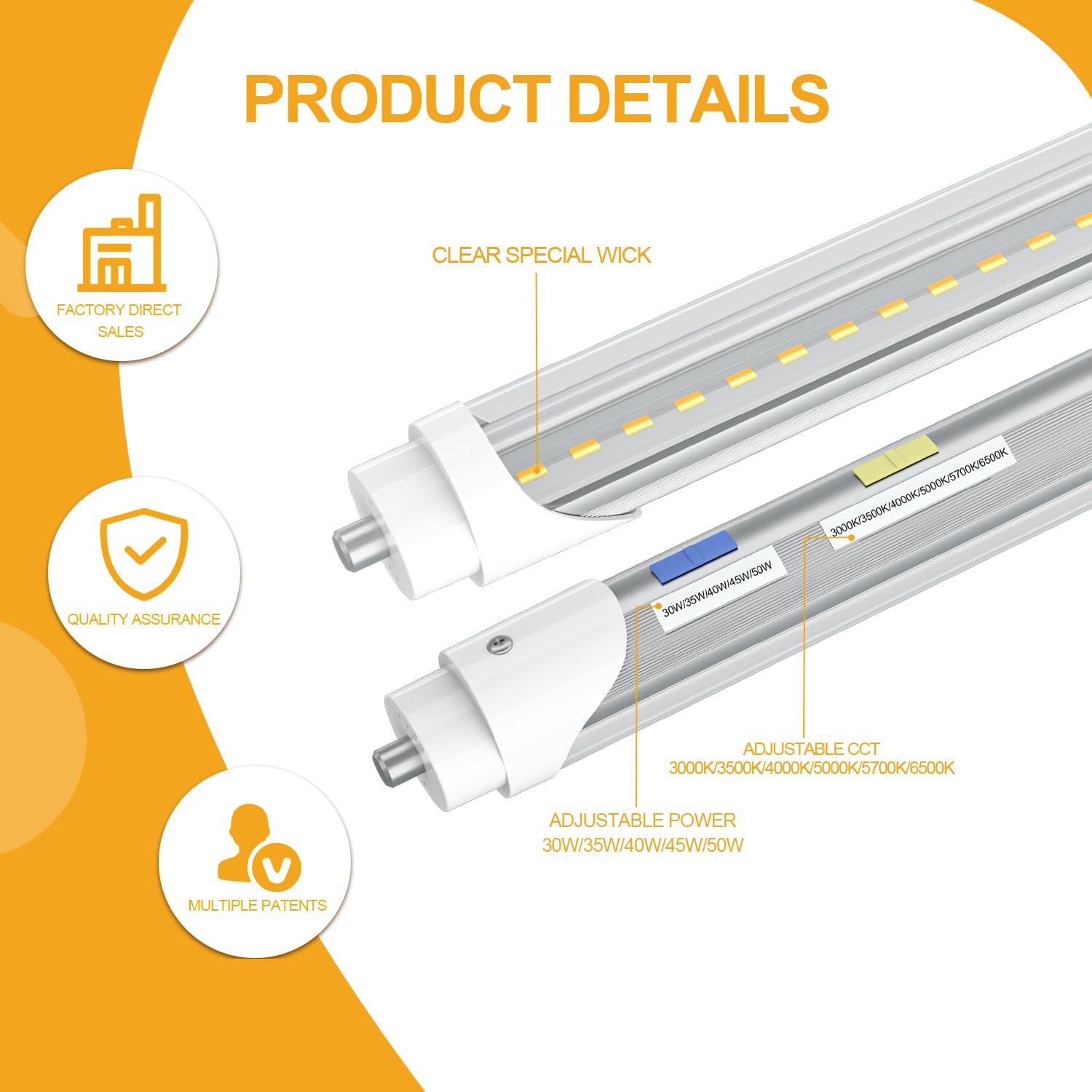 Etl Listed 8Ft T8/T12 Led Bulbs 8 Foot, 5 Power(30W-50W)& 6Cct(3000K-6500K) All In 1, Plug & Play Or Ballast Bypass,T8 Fluoresce