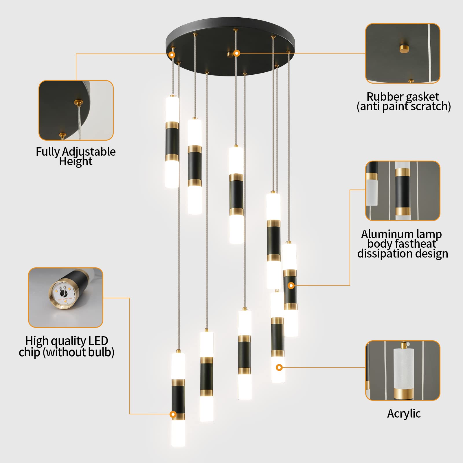 Liangmh Modern Black Gold Kitchen Island Dimmable Led 9-Light Ceiling Pendant Large Chandelier For Light Living Room Foyer Stair