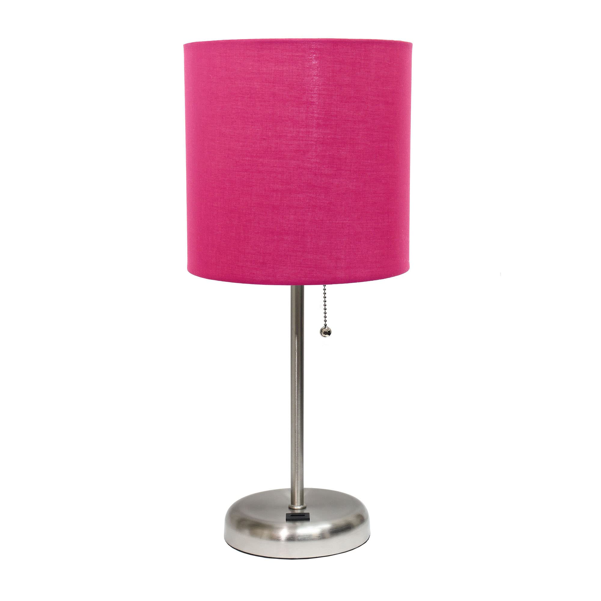 Creekwood Home 19.5&quot; Brushed Steel Table Lamp With Pink Shade & Usb Port - Contemporary Design