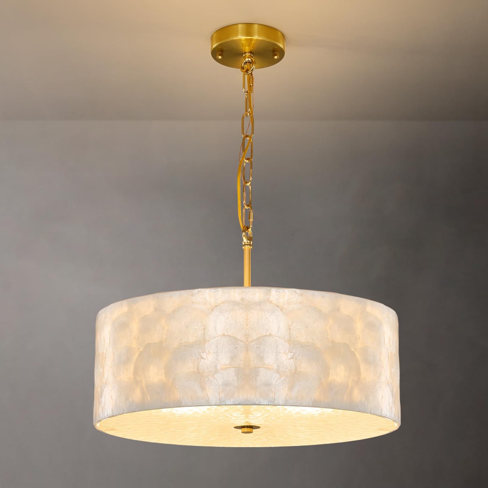 Coastal Drum Capiz Shell Chandelier: 18 Gold Modern White Round Seashell Shade with Hammered Glass Chandeliers - Dining Room Pen