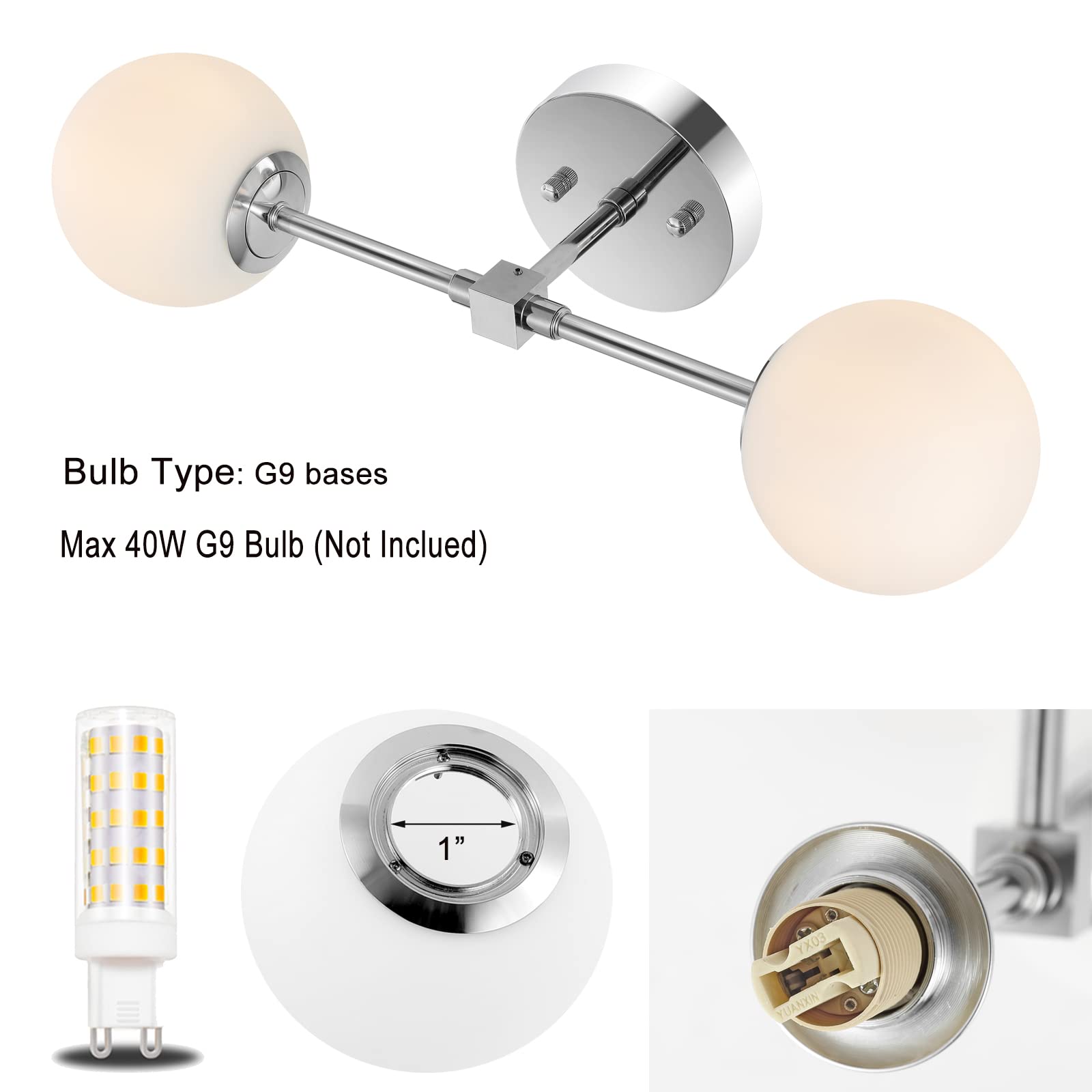 BAODEN Modern Wall Sconce - 2-Lights Industrial Bathroom Vanity Light, White Globe Glass, Brushed Chrome Finish