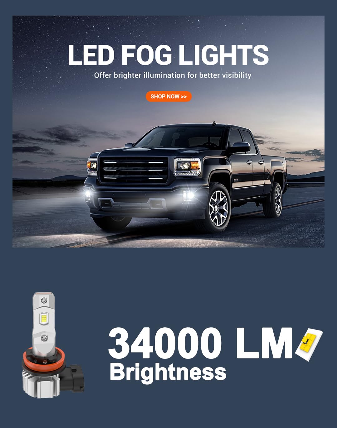 SEALIGHT H11 LED Fog Light Bulbs, 34000LM, 6500K Cool White, IP68 Waterproof, Adjustable Ring, Pack of 2
