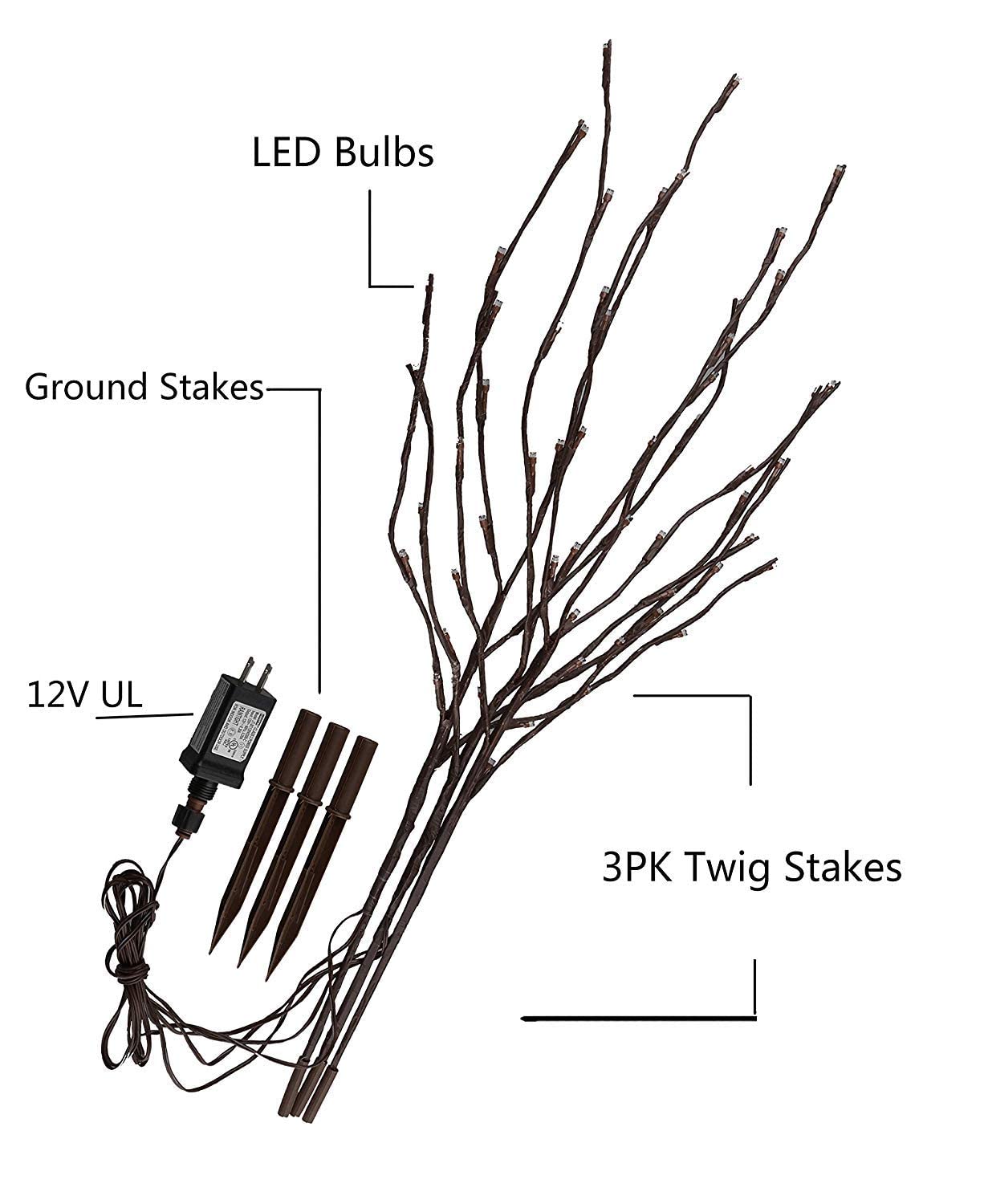 Vanthylit 3PK Lighted Twig Branches Pathway Lights - 30" Brown with 60 LED Warm White Bulbs for Indoor/Outdoor Use