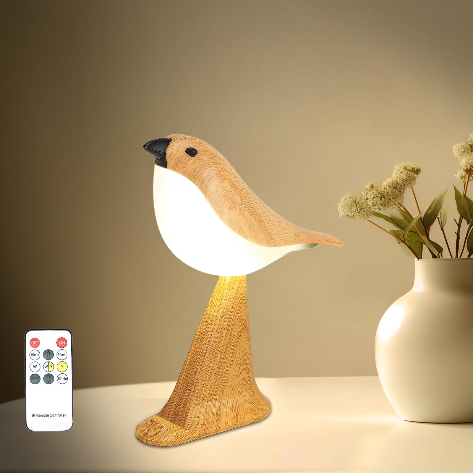Deogos Cute Bird Table Lamp, Touch Control, 3-Way Dimmable, Rechargeable, Medium with Timer, Battery Operated, ABS Material
