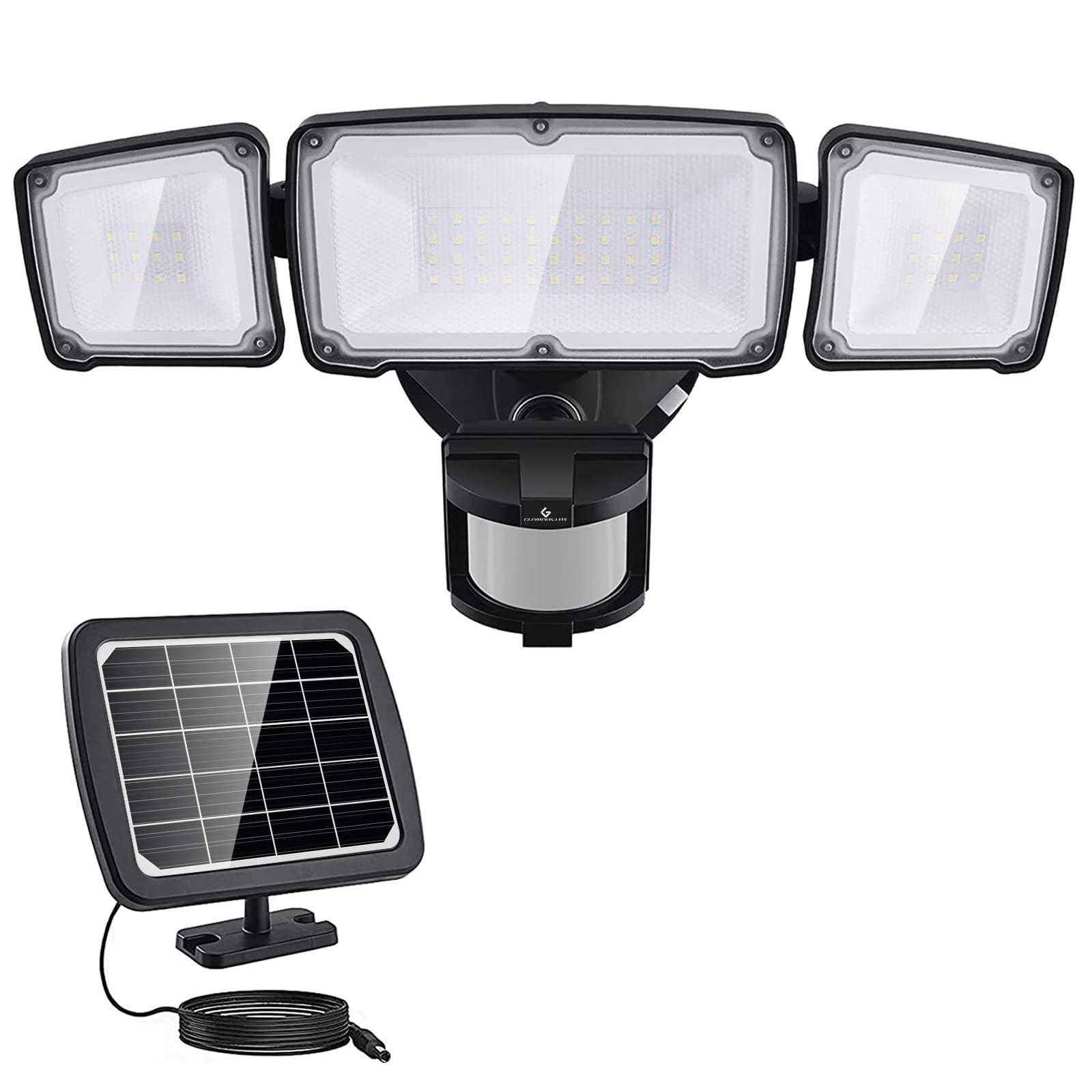 GLORIOUS-LITE LED Solar Security Lights, 1600LM, Motion Sensor, 3 Adjustable Heads, IP65 Waterproof, Black, Model YY02C-BL