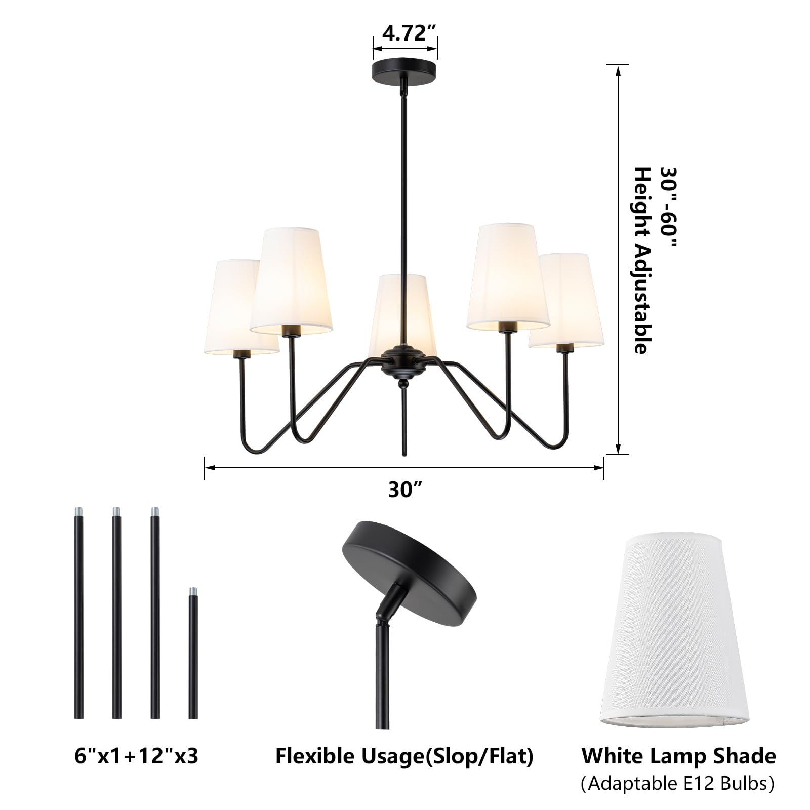 FIYUEOYI Modern 5 Light Chandelier, Adjustable Black Pendant Light with White Shades for Living Room, Dining Room, Bedroom - Model YUX003