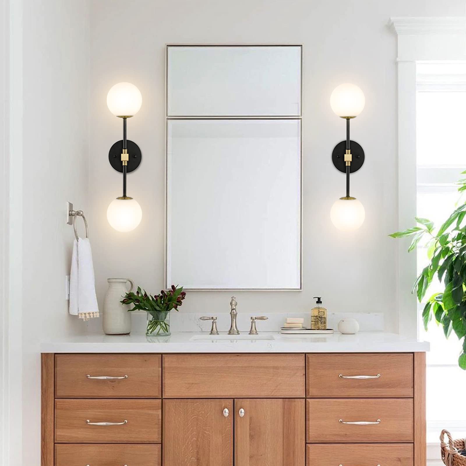 Baoden Modern Wall Sconce 2-Lights Industrial Mid Century Bathroom Vanity Wall Light With White Globe Glass Shade Gold & Black F