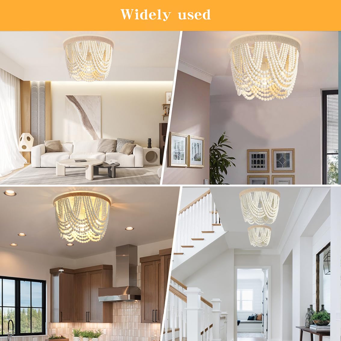 Wuhuyipi Boho Wood Beaded Chandelier, Flush Mount Ceiling Light,Farmhouse Rustic Jute Wooden Bead Chandeliers Fixture For Drawin