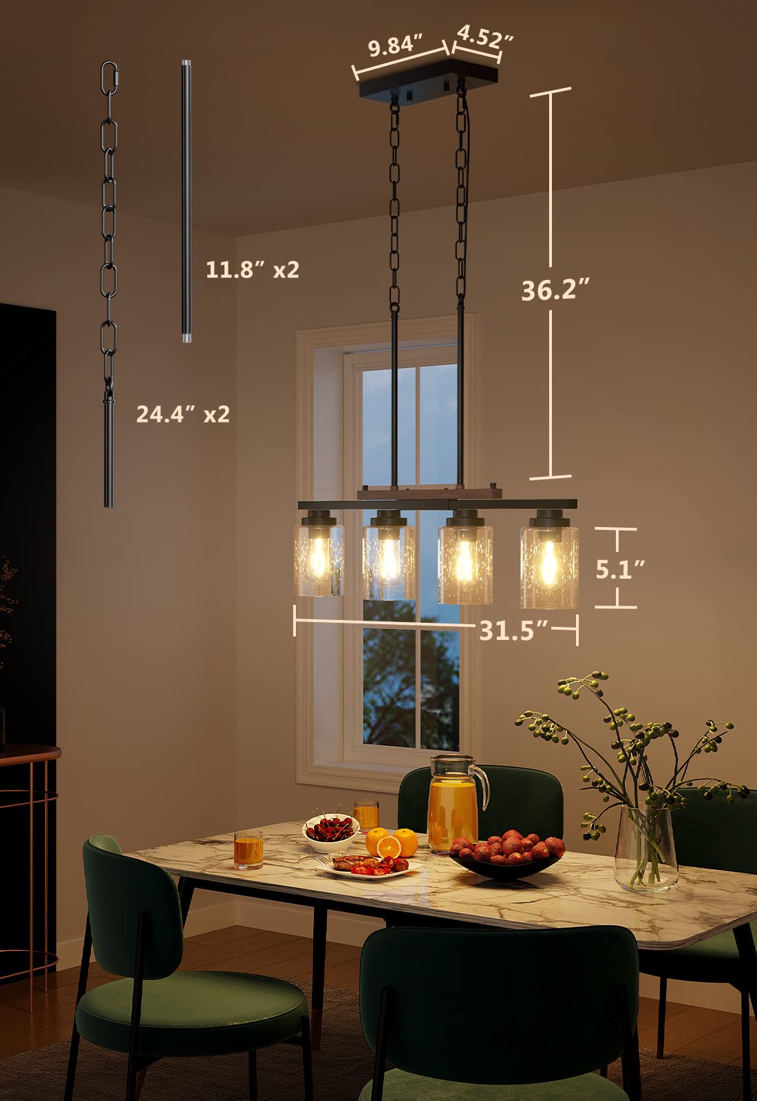 Amico 4-Light Dining Room Chandelier - Black Metal & Wood Pendant Light with Seeded Glass, Adjustable Rods, Model A0501