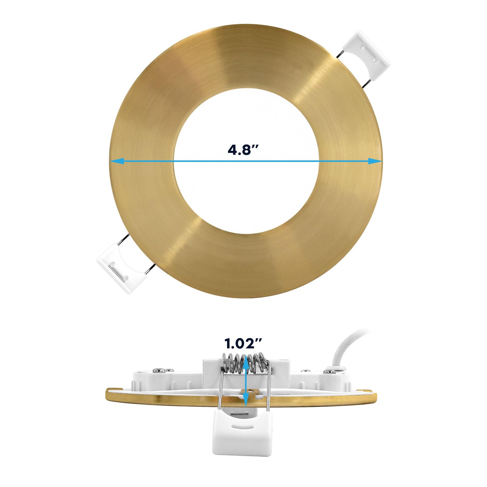 LUXRITE 4 Inch Ultra Thin LED Recessed Light, 10W, Dimmable, 750 Lumens, Brass Trim, Energy Star, IC Rated, 4 Pack
