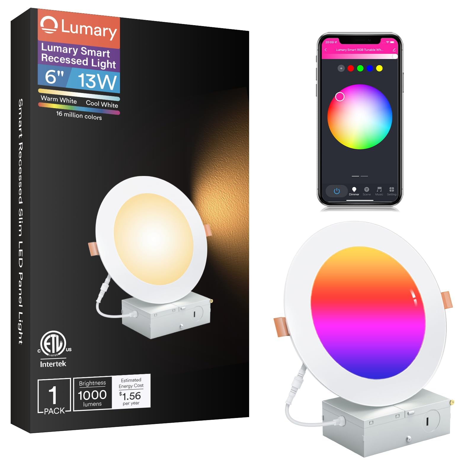 Lumary Smart Recessed Lighting 6 Inch  Color Changing Led Downlight 13W 1000Lm  Wi-Fi Bluetooth Soffit Lights With J-Box  Compatible With Alexa/Google Assistant/Bt Remote  Etl Listed  1 Pack