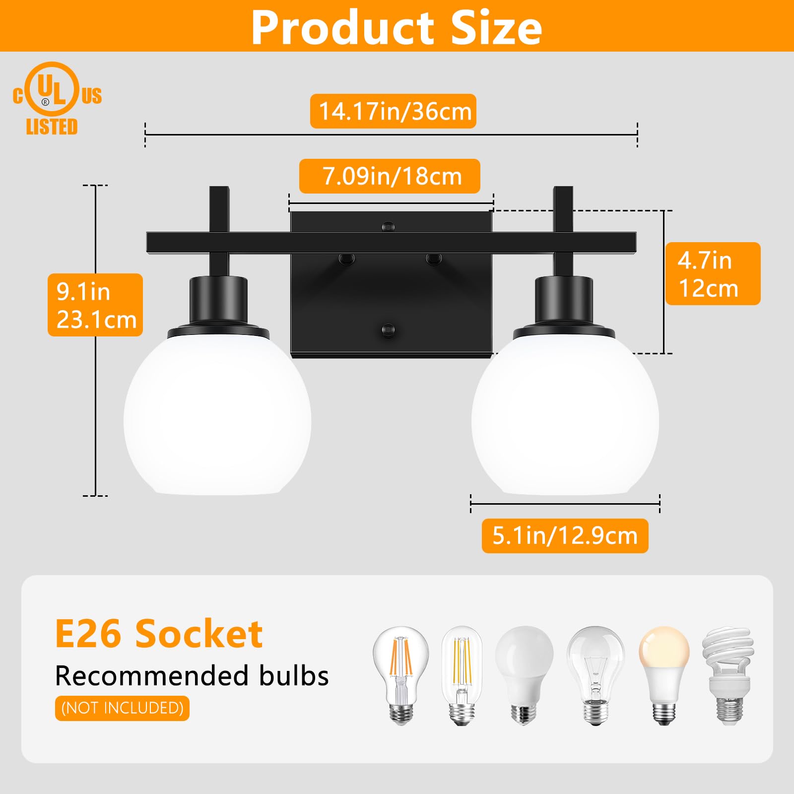 Dpyrrhic 2-Light Black Bathroom Lighting Fixture, Metal Vanity Light with Milky White Glass, Model JD-15
