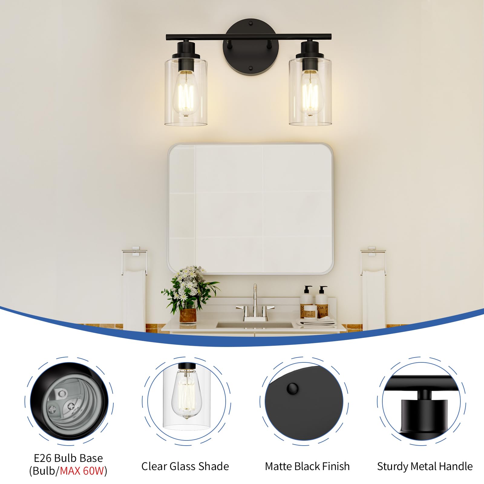 GORDNWE Modern Vanity Light - 2-Light, Matte Black, Metal, E26 Bulb Base, Model LJ-001