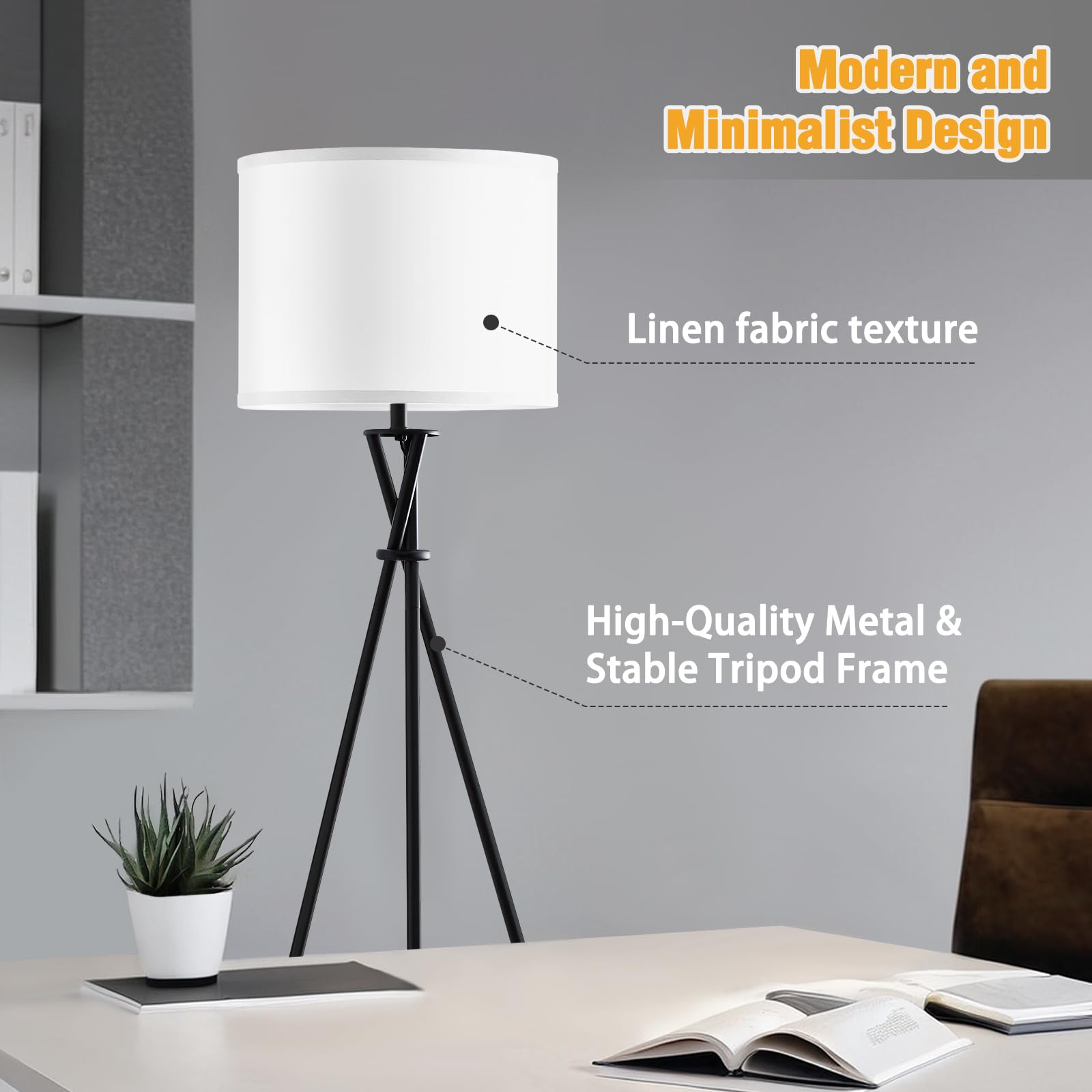 Luvkczc Tripod Floor Lamp, 61” Modern Design, Black Metal with White Shade, Model 1FL-054A