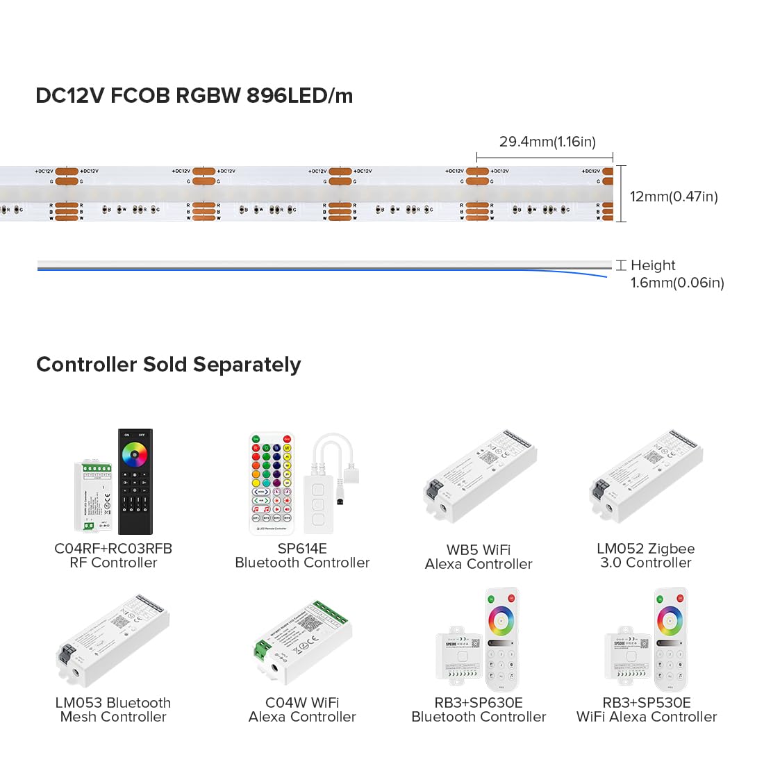 BTF-LIGHTING FCOB LED Strip 3000K RGBW 16.4FT DC12V Flexible Light 12mm Width