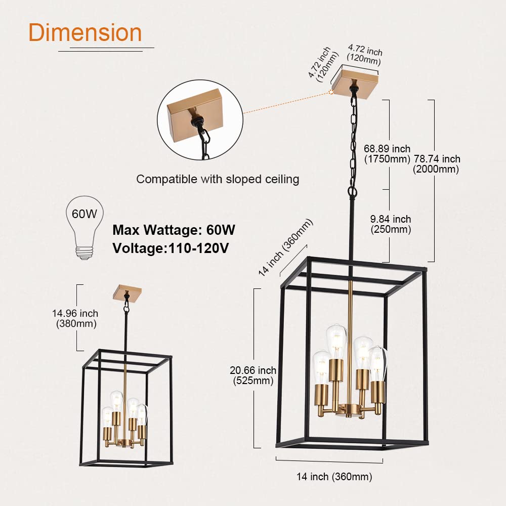 VINLUZ Retro 4-Light Farmhouse Chandelier, Metal Square Cage Pendant Lighting, Black & Brass Finish for Dining Room and Kitchen Island
