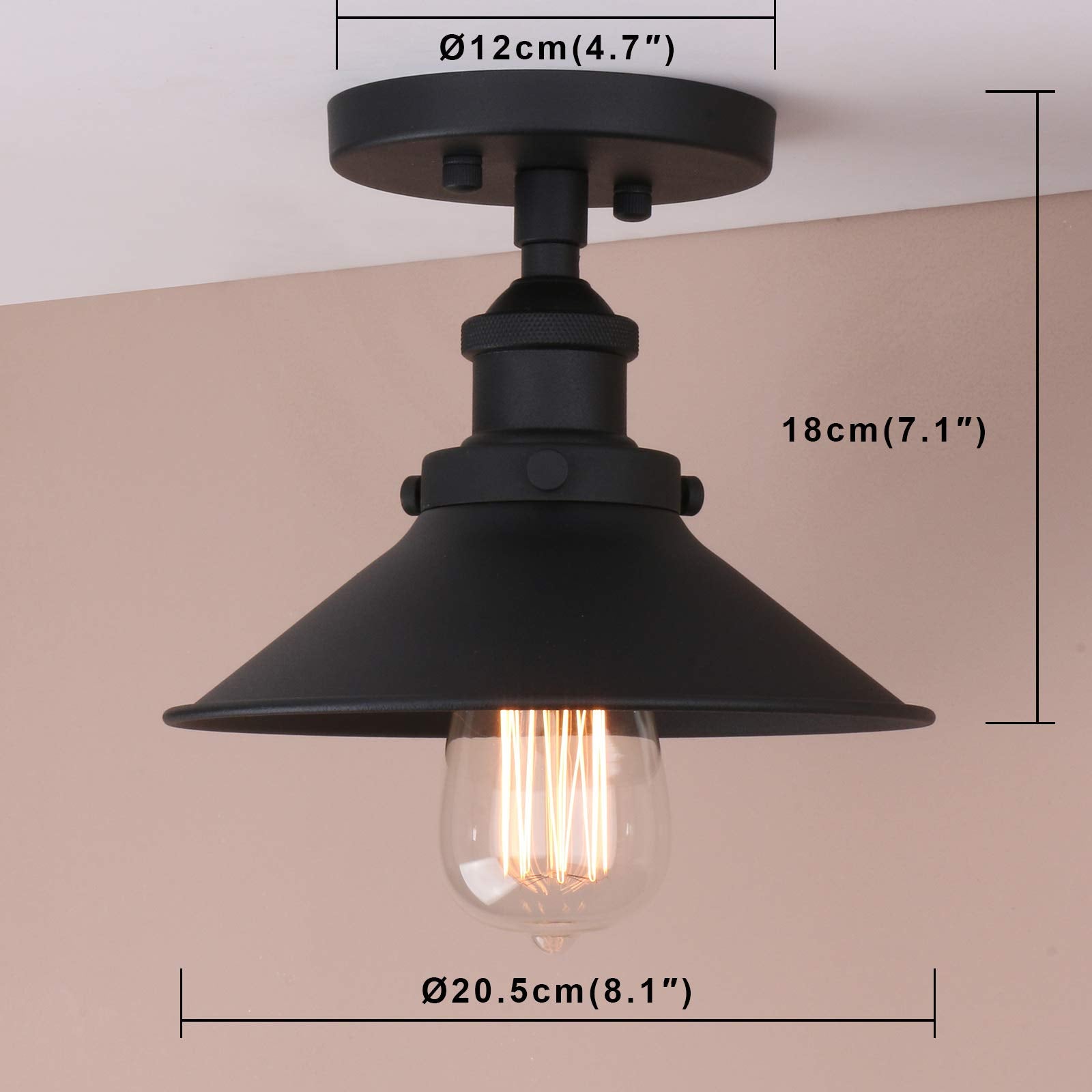 Pathson Vintage Ceiling Light With Metal Shade, Farmhouse Ceiling Lamp Fixtures For Hallway Loft Kitchen Bar, Matte Black Semi-F