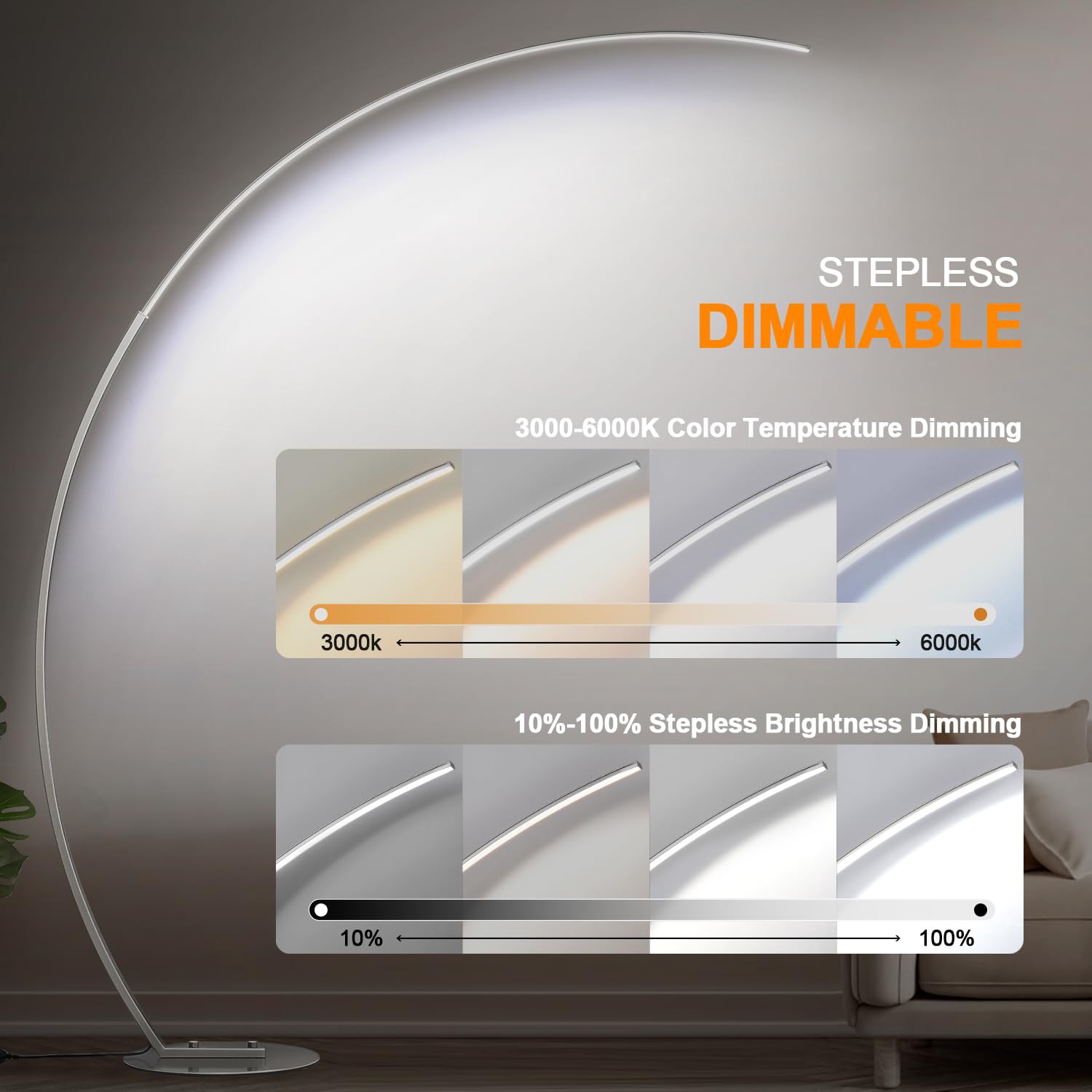 Dimmable Led Floor Lamp With 3 Color Temperatures, Ultra Bright 2000Lm Brushed Nickel Arc Floor Lamps For Living Room, Modern Ta