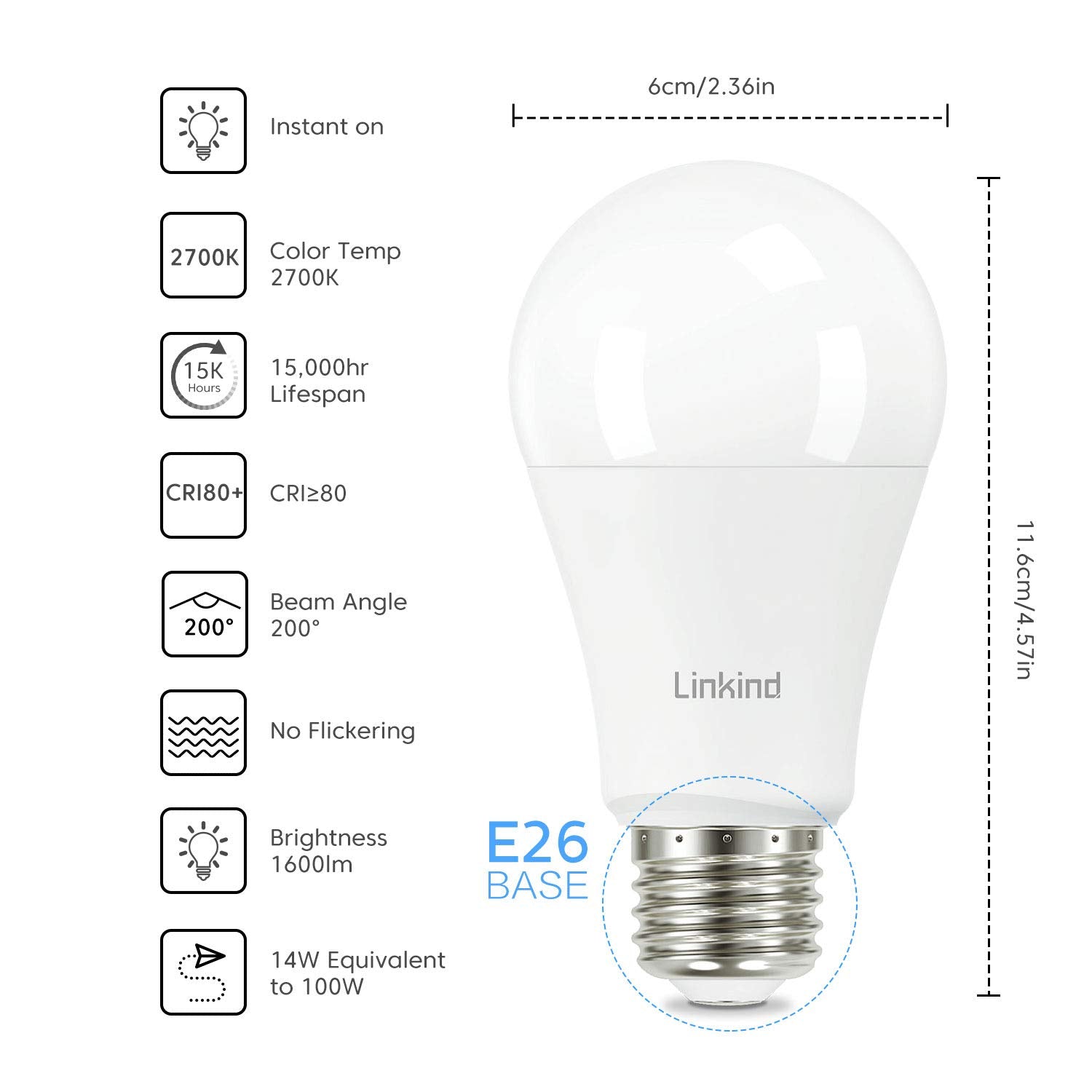 Linkind A19 Led Light Bulb, 100W Equivalent Light Bulbs, 14W 2700K Soft White, 1600 Lumens Non-Dimmable Led Bulb, E26 Standard B