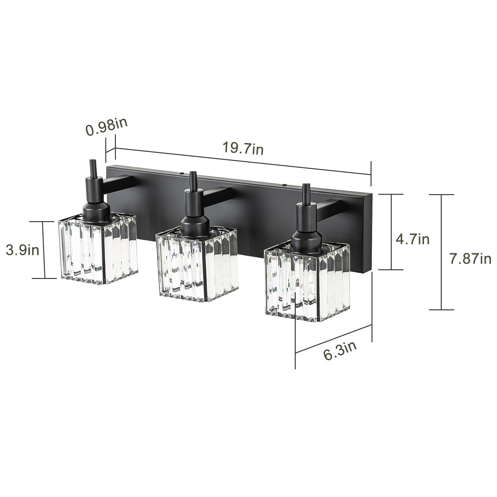 HUOKU Black Crystal 3-Light Bathroom Vanity Light Fixture Over Mirror, Metal with Square Shade