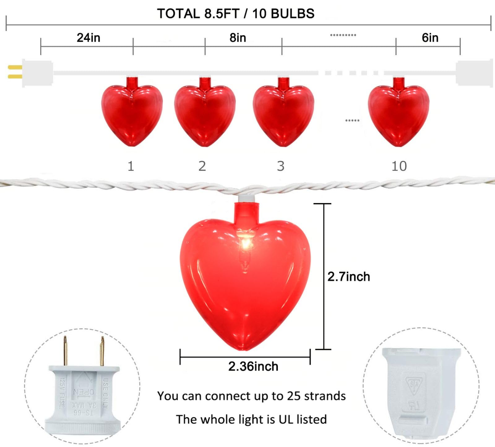 Pallerina Heart String Lights - 10 Red Heart Fairy Lights for Valentines Day, Wedding, Party Decor - 8.5Ft, Plastic
