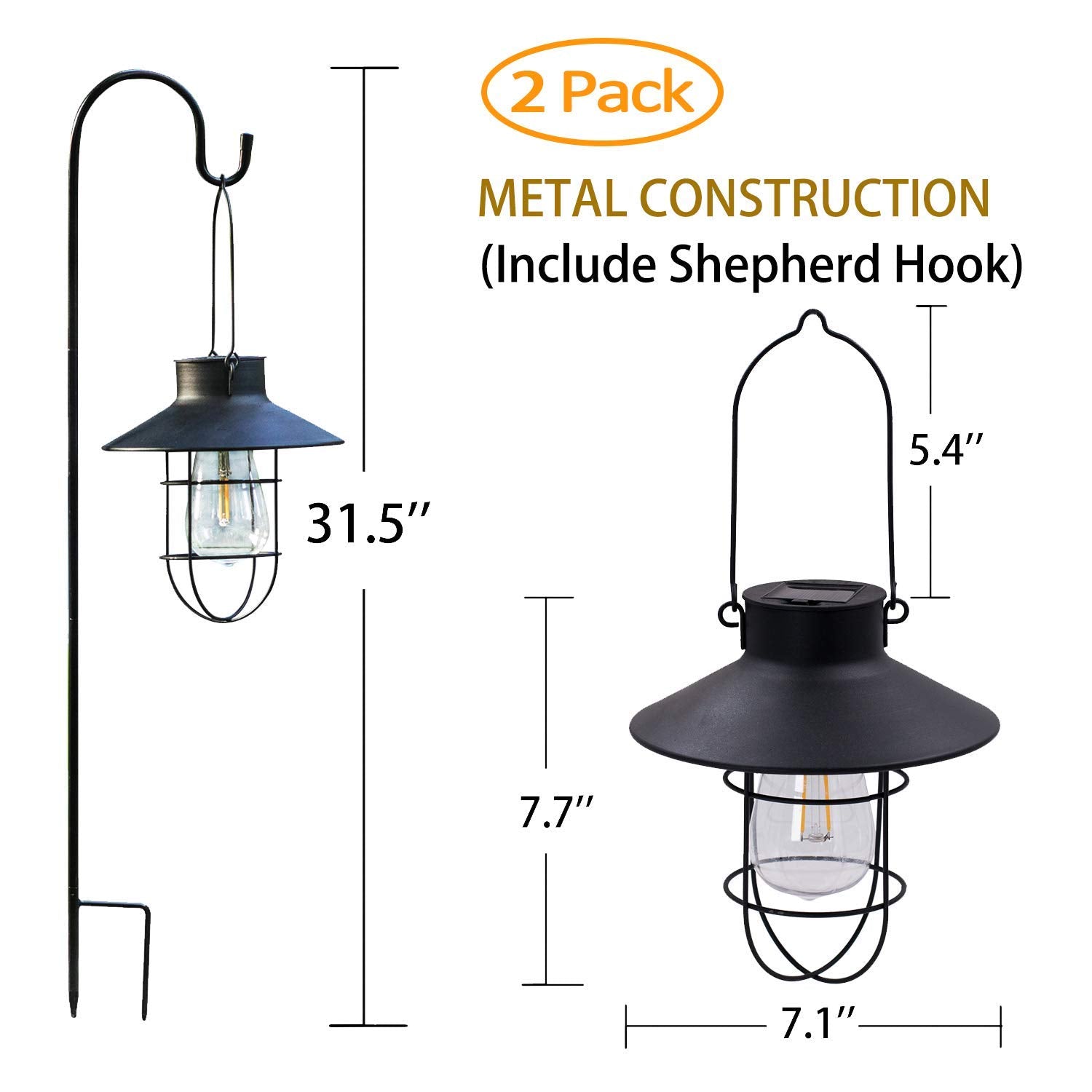 EKQ 2 Pack Hanging Solar Lanterns with Shepherd Hook, Waterproof Edison Bulb Lights, Black