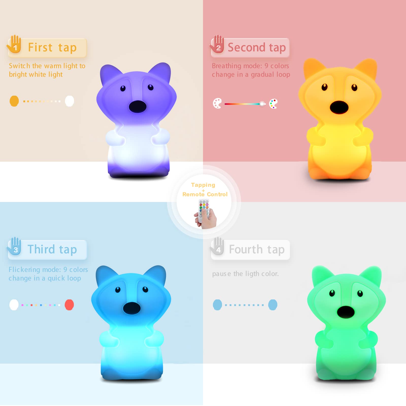 WHA&DARREN Fox Squishy Night Light for Babies & Kids, Nursery Light, Animal Shaped, Silicone Material