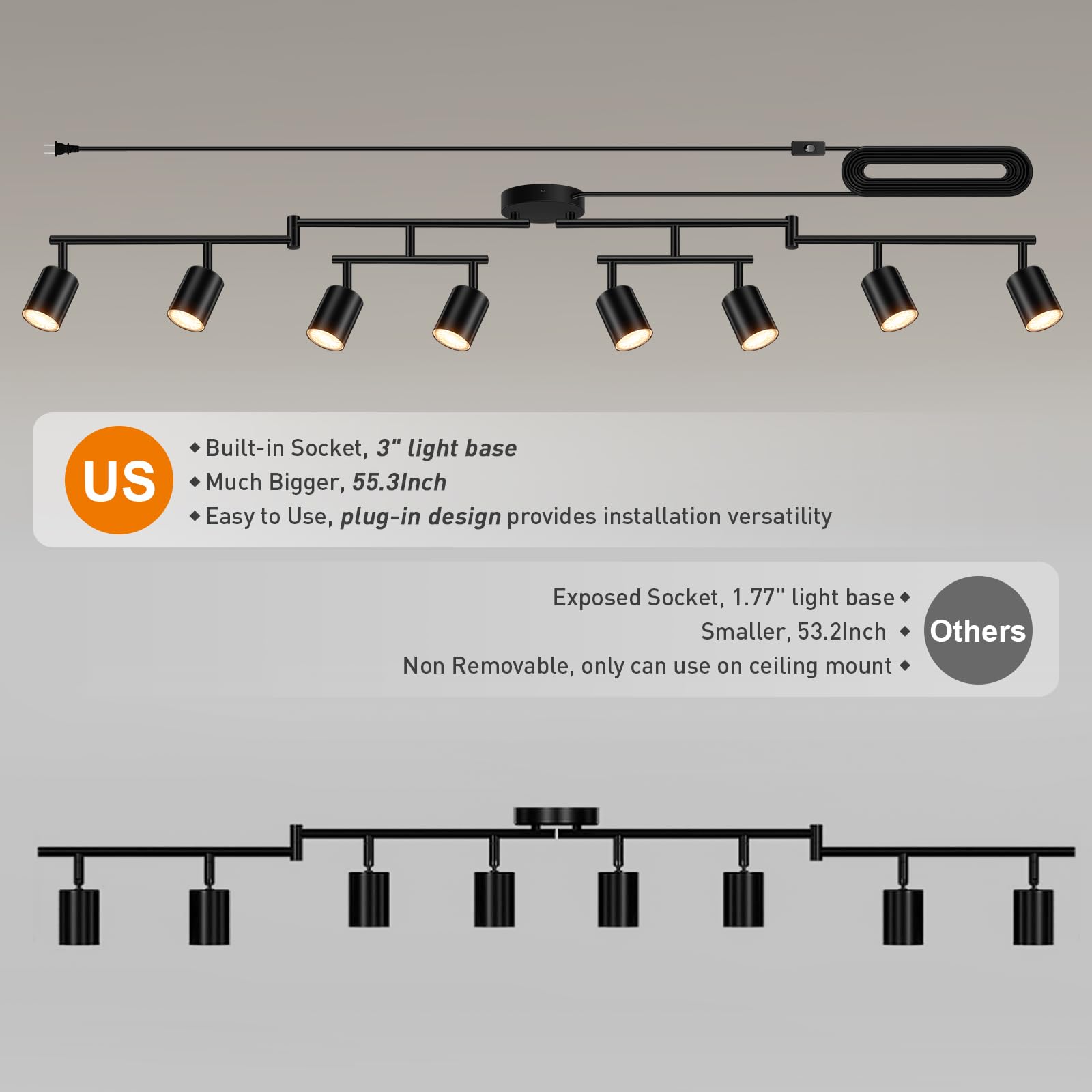 Plug In Track Lighting Led  Track Lighting Fixtures Ceiling  Black 8-Light Kitchen Light Kit  Plug In Wall Light With 14.8Ft Power Cord  Rotatable Ceiling Spotlight For Bedroom(Gu10 Socket  No Bulb)