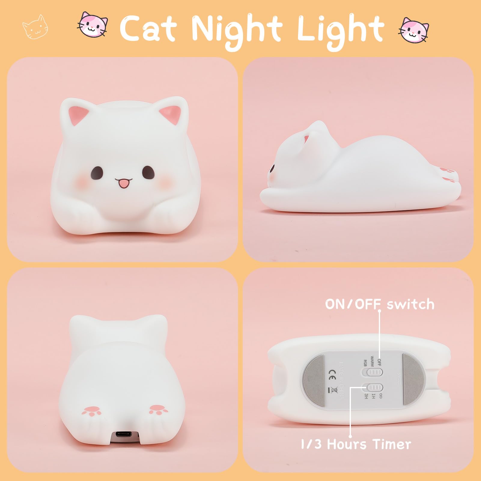 LOVERUIS Cute Cat Night Light for Kids, Dimmable Nursery Lamp, 4 inches, Multicolor, Model ZHLJ1