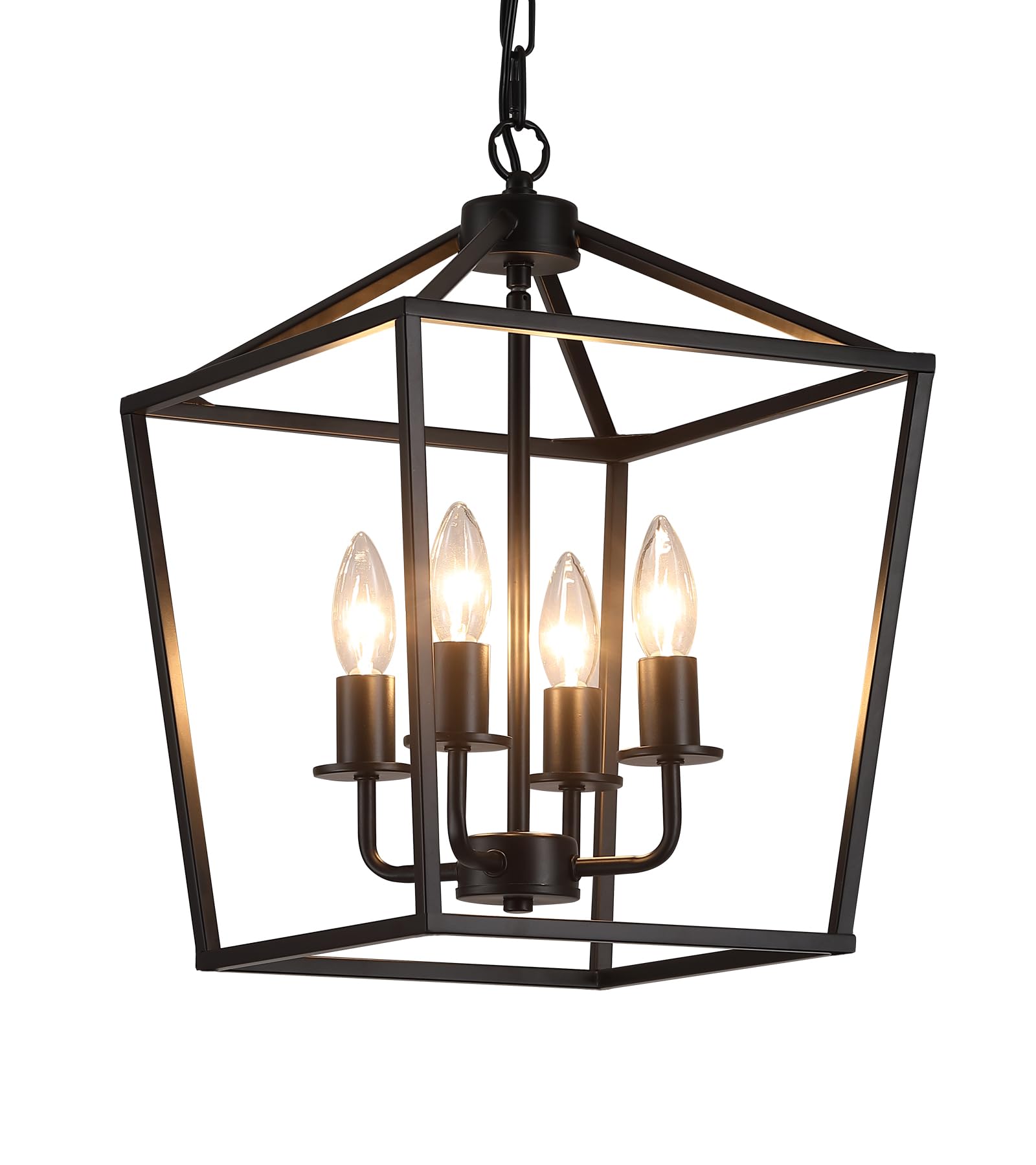 AMZASA Industrial 4-Light Black Lantern Chandelier, 11.81"x11.81"x66.93", Rustic Metal Cage Pendant Light for Kitchen and Dining Room