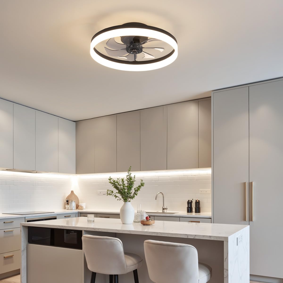 Pusu 19.7 Low Profile Led Ceiling Fans With Light  Reversible Flush Mount With Remote And 6 Winds Speeds Fan Lighting  3 Colors Dimmable For Bedroom  Living Room  Kids  Dinning Room  Kitchen (Black)