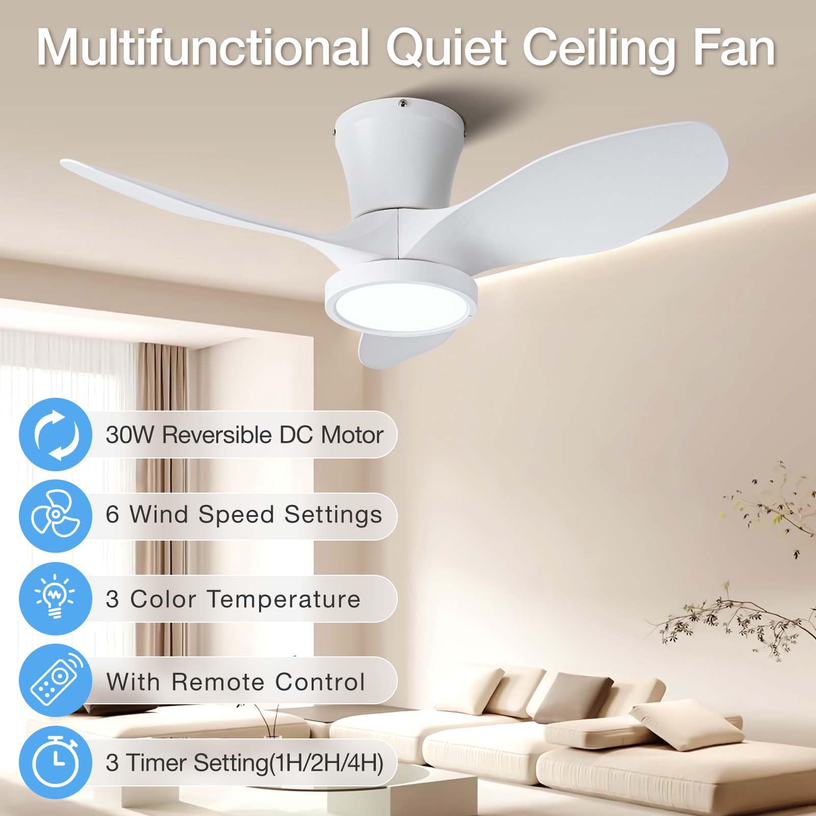 ocioc Quiet Ceiling Fan with LED Light, 32 inch, DC Motor, Remote Control, White, Model TLYCFL002