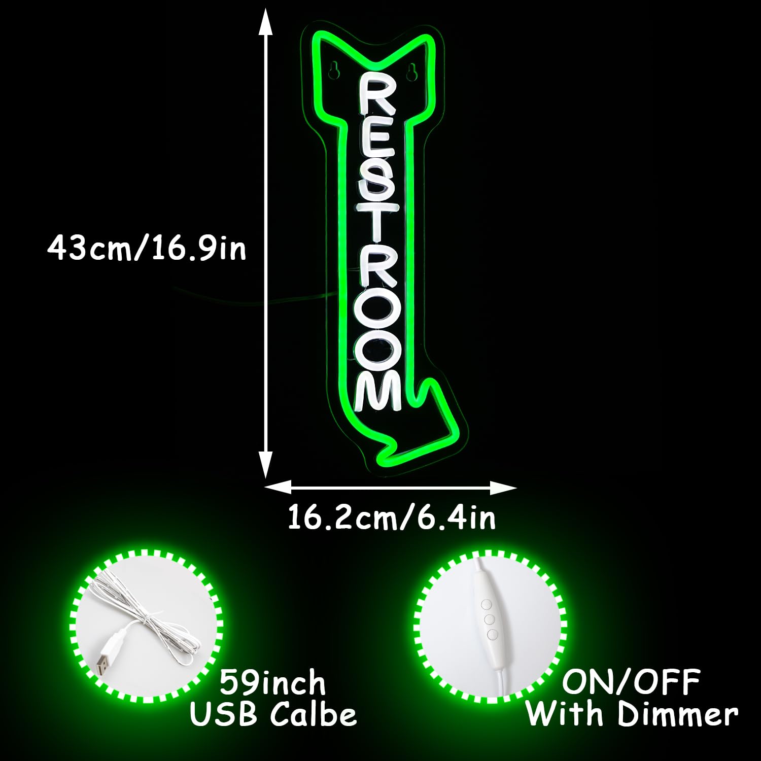 Alkkign Neon Toilet Sign - Cool White & Green Acrylic Wall Decor for Bathrooms, Hotels, Bars, & More (Right Arrow)