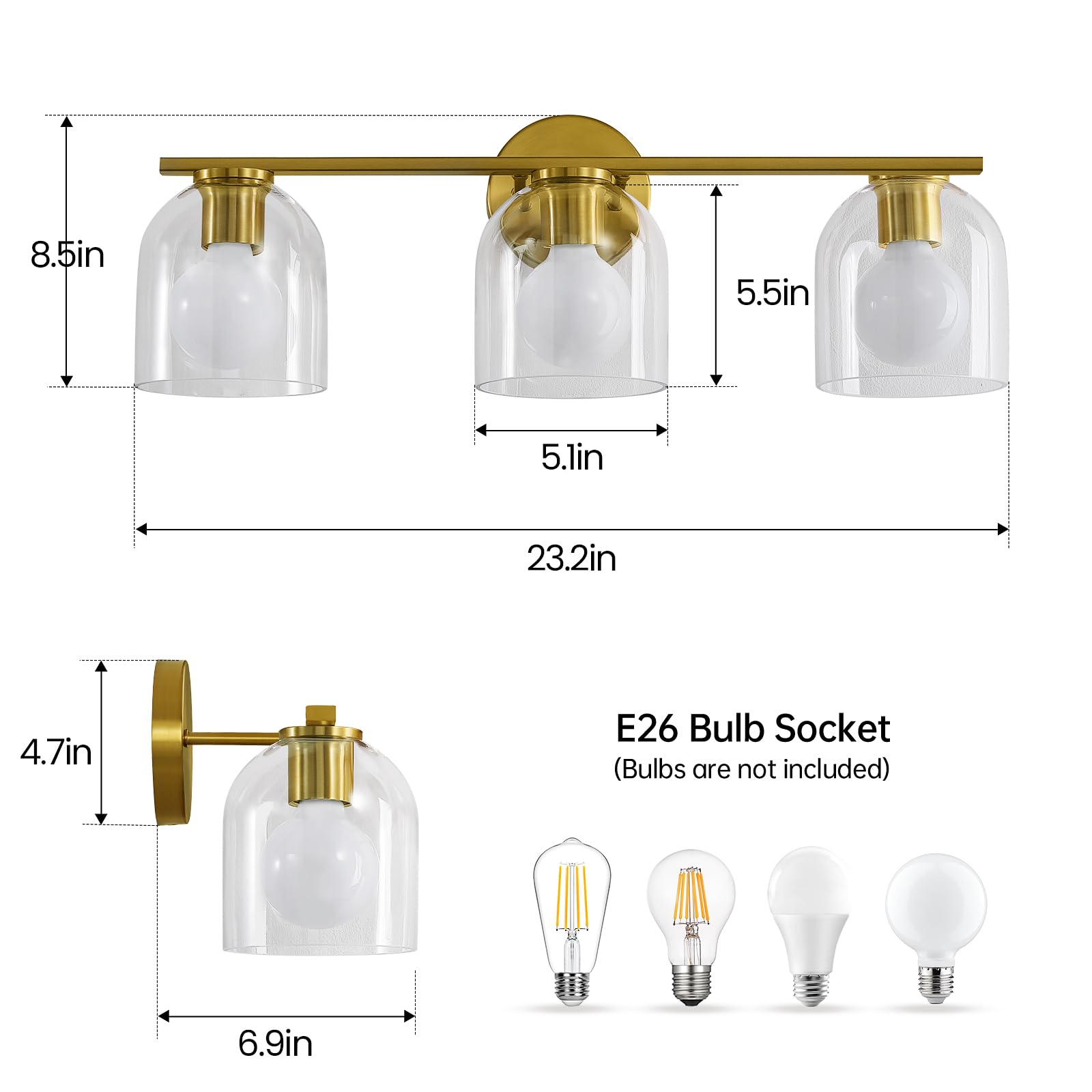 Woshitu Bathroom Vanity Light Fixtures: 23.3 Inch Modern Brushed Gold Bathroom Light Fixtures Over Mirror With Clear Glass Shade