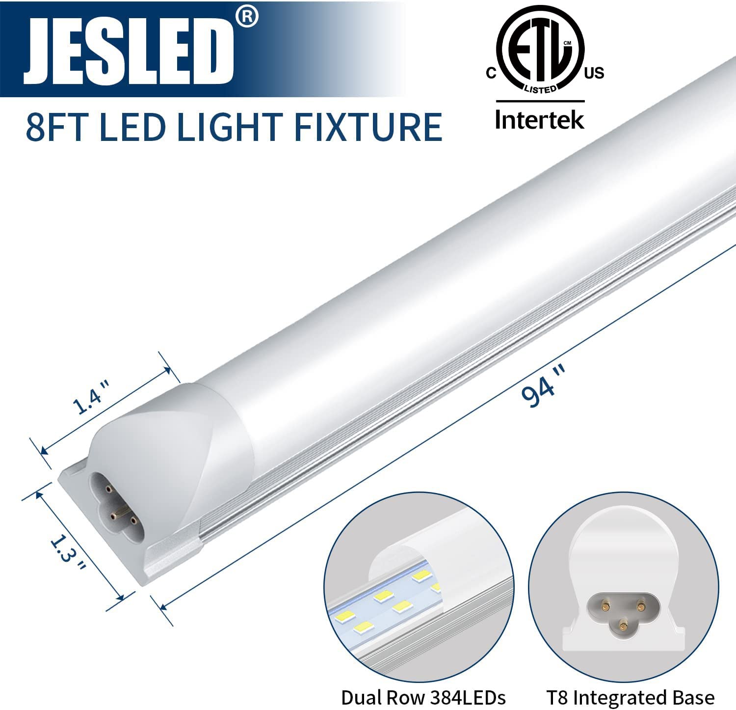 Jesled 8Ft Led Shop Lights, 8 Foot 72W Led Light Fixture, High Output 9000 Lumen, 6500K Super Bright White, Frosted Cover, Plug