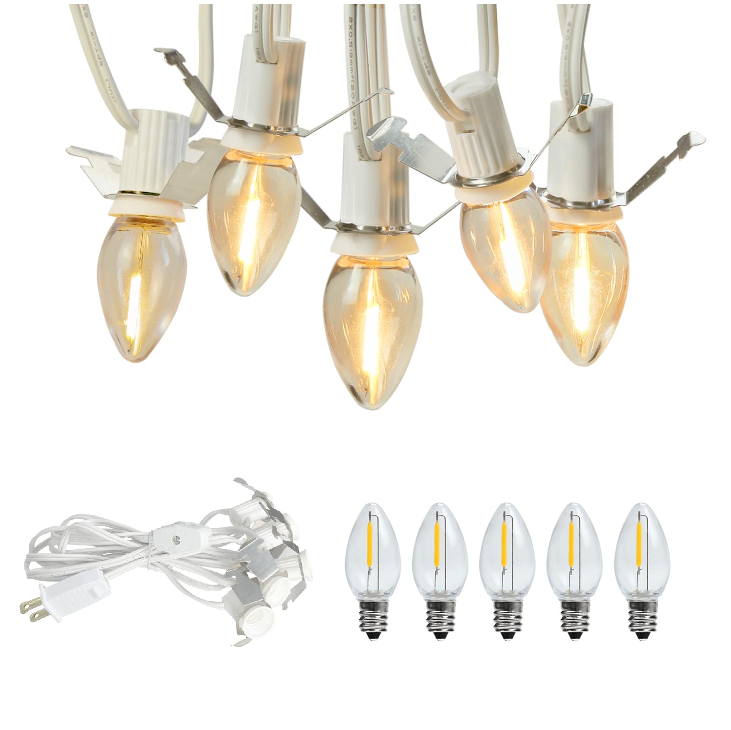 Kiraralite C7 String Bulbs Christmas Village Light Accessory Cord 5 Base With 5 Led Light Bulb Universal Clip White Cord With On