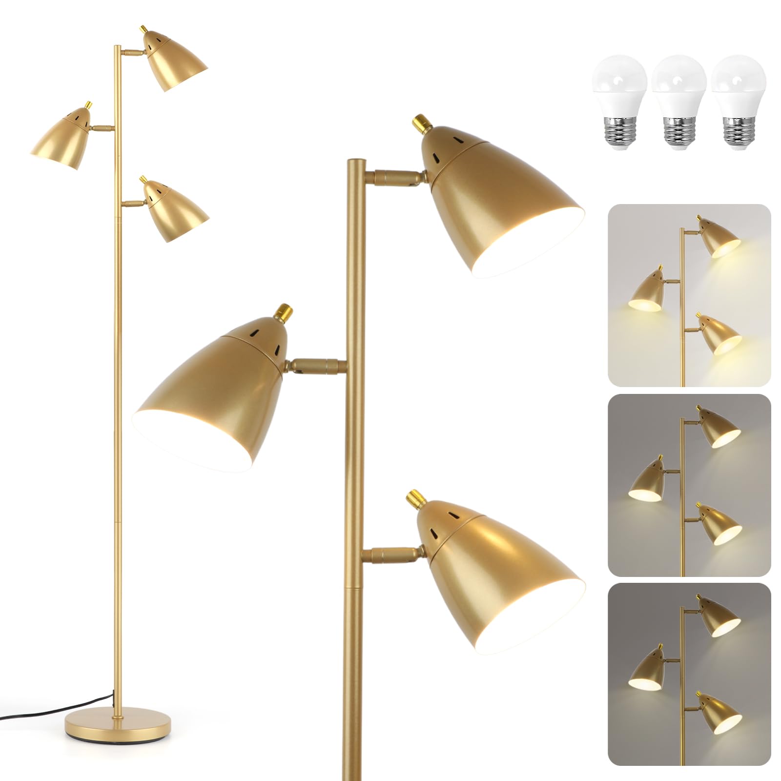 LALISU Tree Floor Lamp, Industrial 3-Light, Metal Black, Adjustable Heads, Model LALISUATLALIF7288