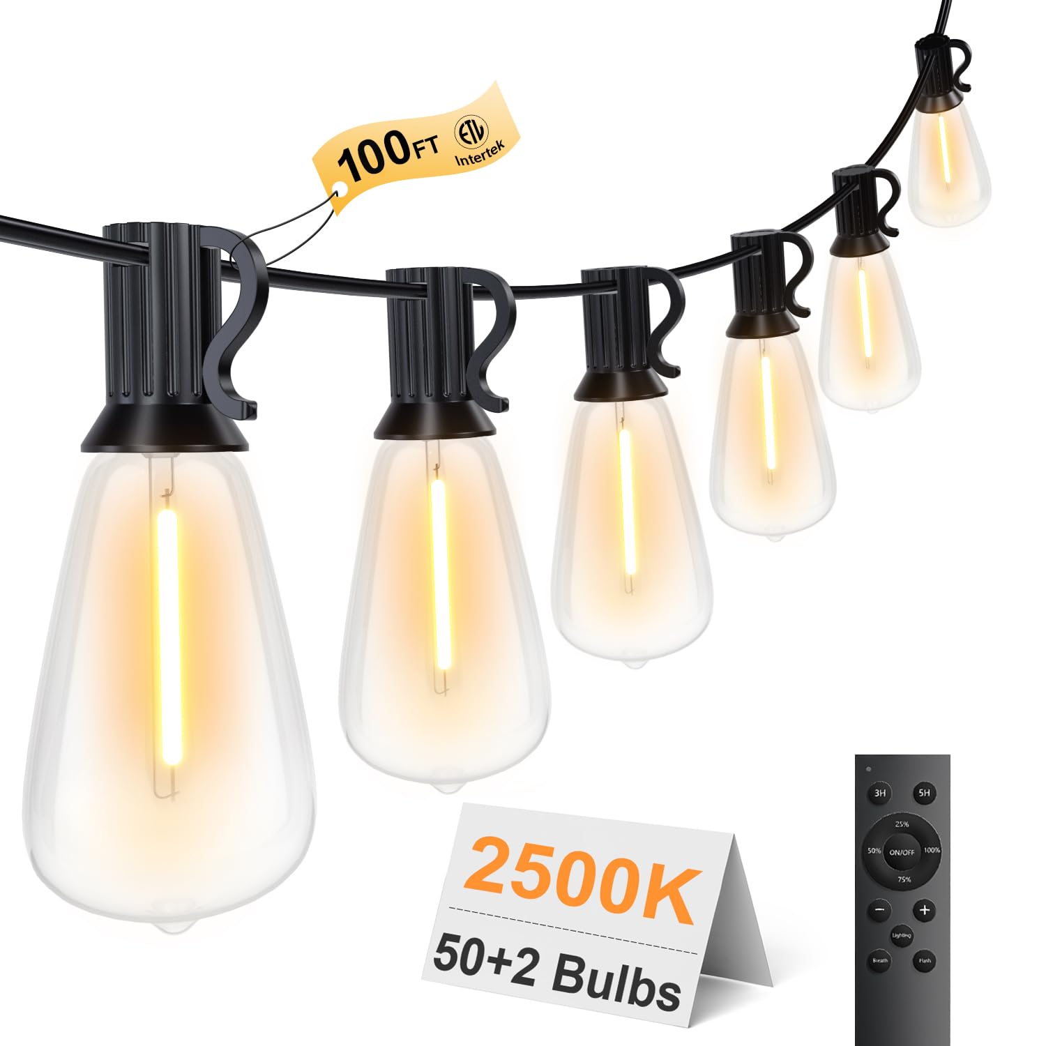 LaPitio 100FT Remote Outdoor String Lights for Outside, 50+2 LED Waterproof Shatterproof Edison Dimmable Timer Bulbs, 2500K Warm