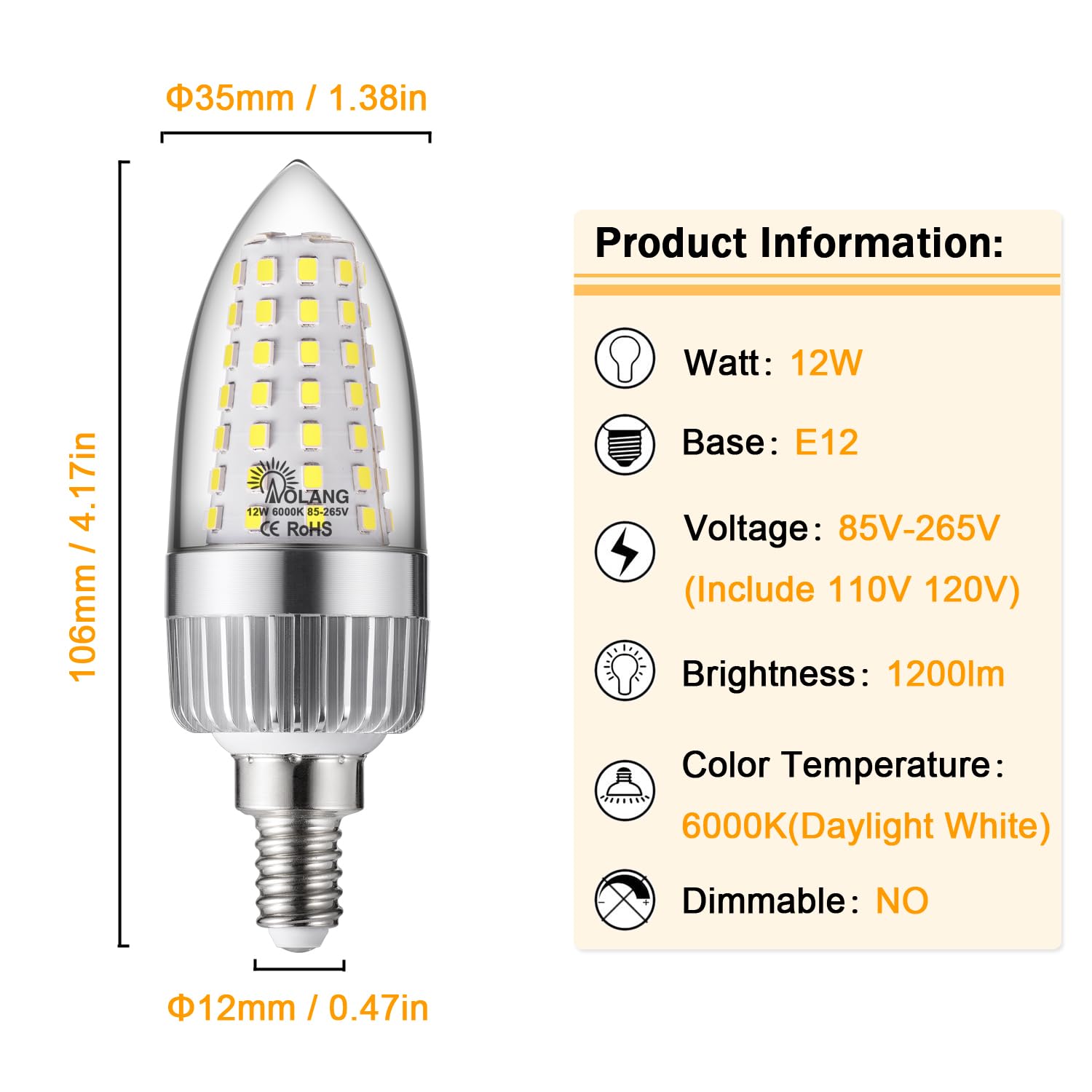 Aolang 12W E12 Led Candelabra Bulbs, Daylight White 6000K, 1200 Lumens,