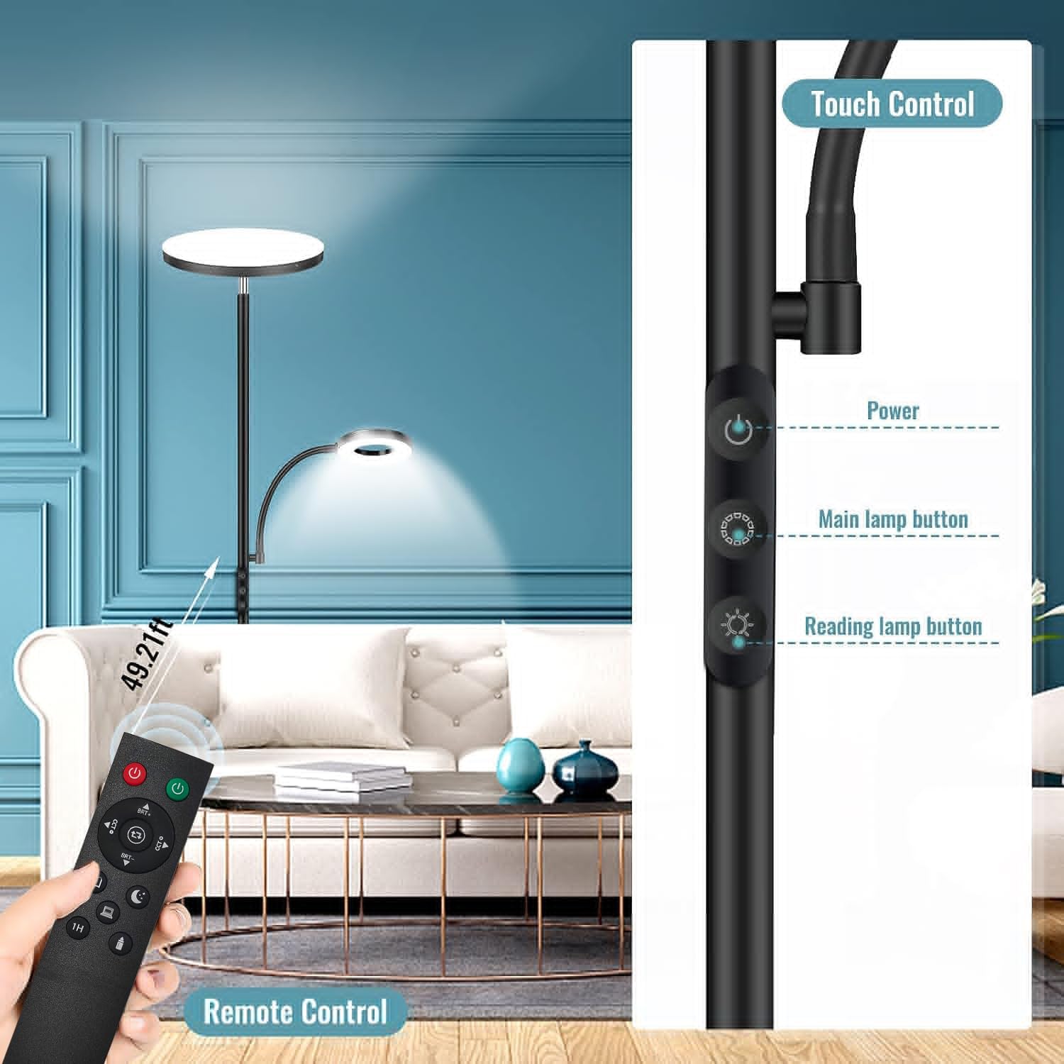 Marctronic Floor Lamp - 42W LED Torchiere with Adjustable Reading Light, Dimmable, Black, Model RM02