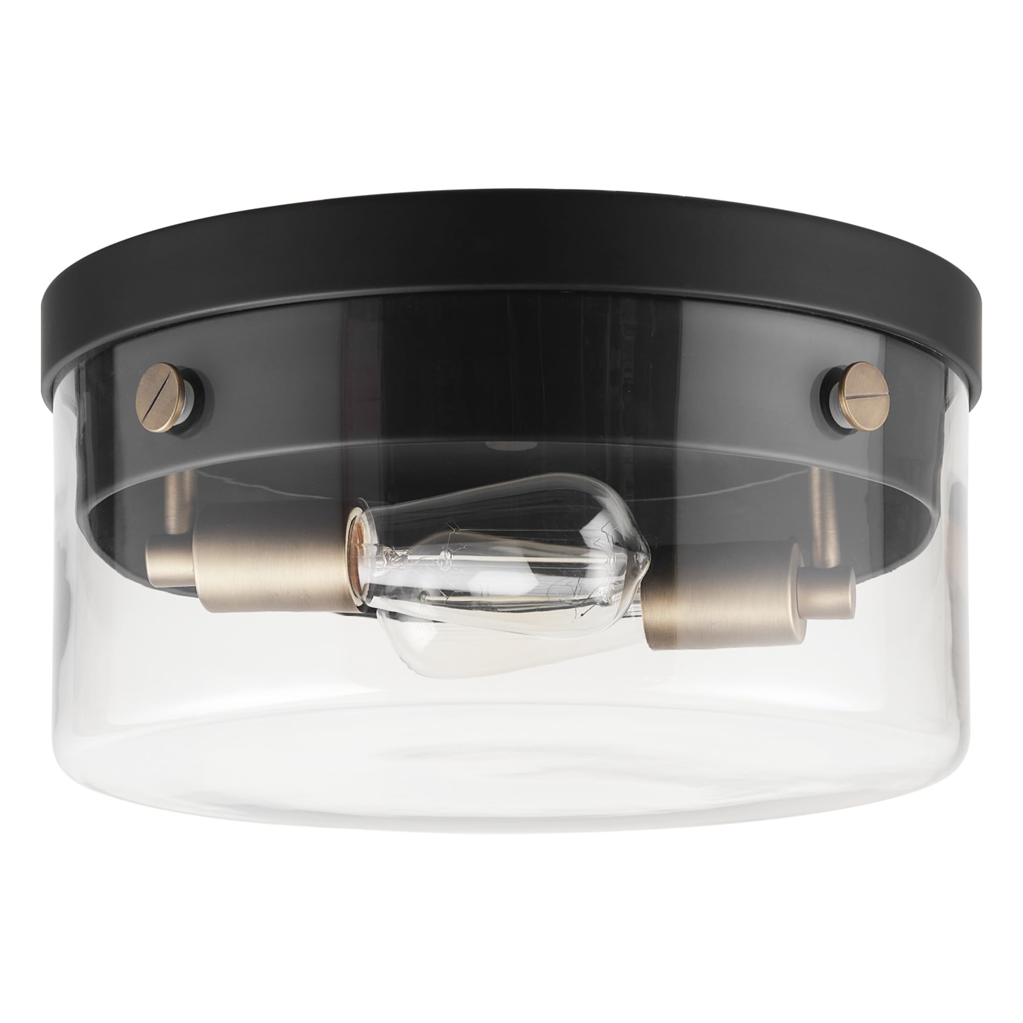 Globe Electric 60870 2-Light Flush Mount Ceiling Light, Matte Black, Brass Accents, Clear Glass Shade, Modern Lighting for Hallw