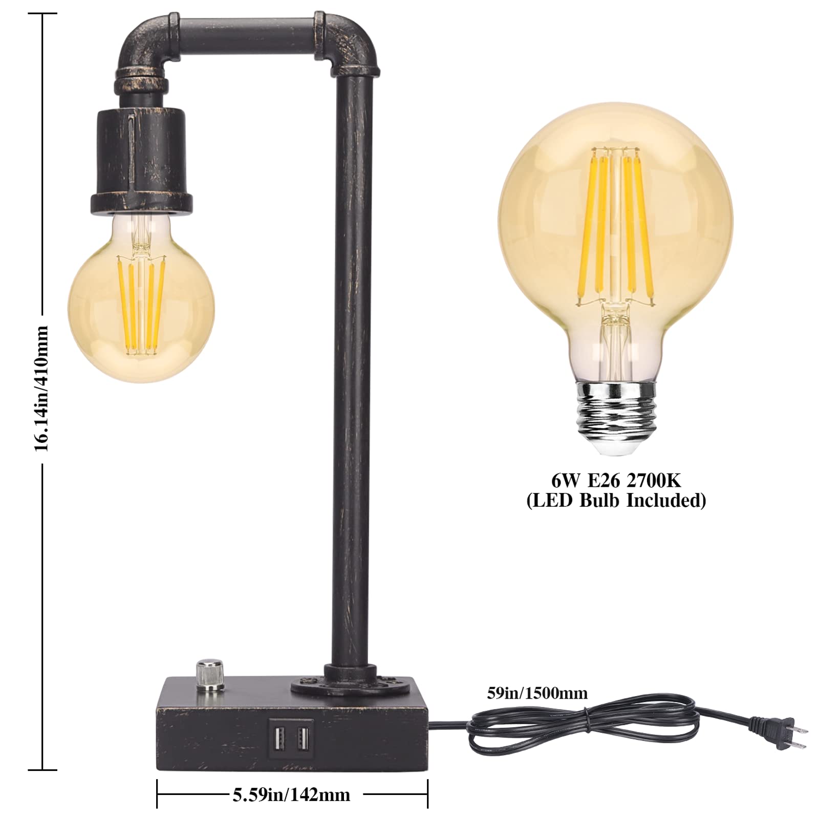 Industrial Table Lamp, Vintage Bedside Lamp With Usb Charging Port Dimmable Steampunk Office Lamp Metal Pipe Edison Reading Lamp