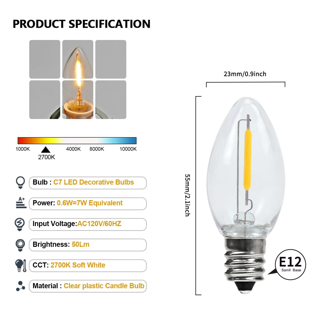 MYEMITTING LED Night Light Bulbs with 4 Pack Accessory Cord - White with On/Off Switch, Warm White C7 Bulbs for Holiday and Craft Decoration