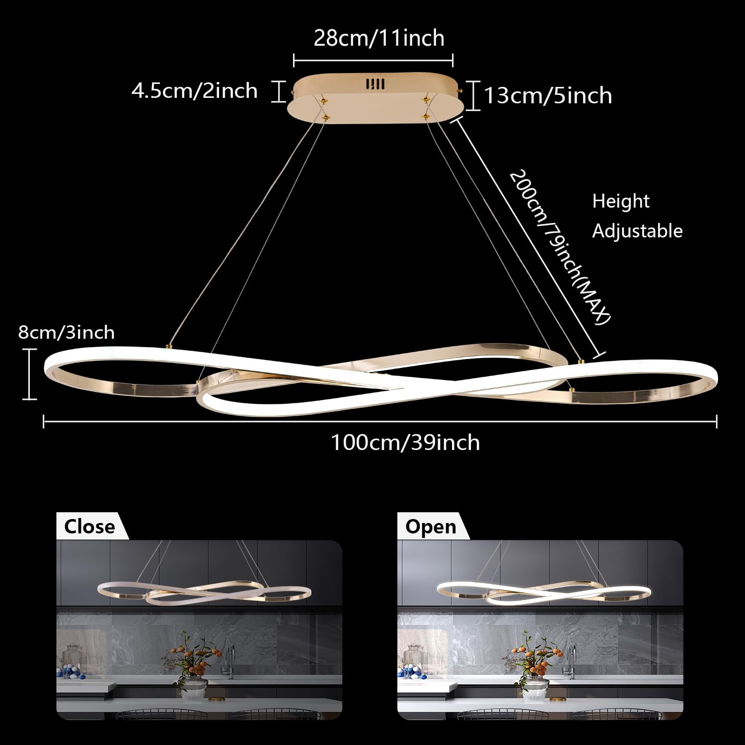 Modern Led Pendant Light For Kitchen Island Lighting Modern Gold Chandelier For Dining Room Light Fixture Over Table,Led Chandelier Light Fixture Height Adjusted (Electroplated Gold)