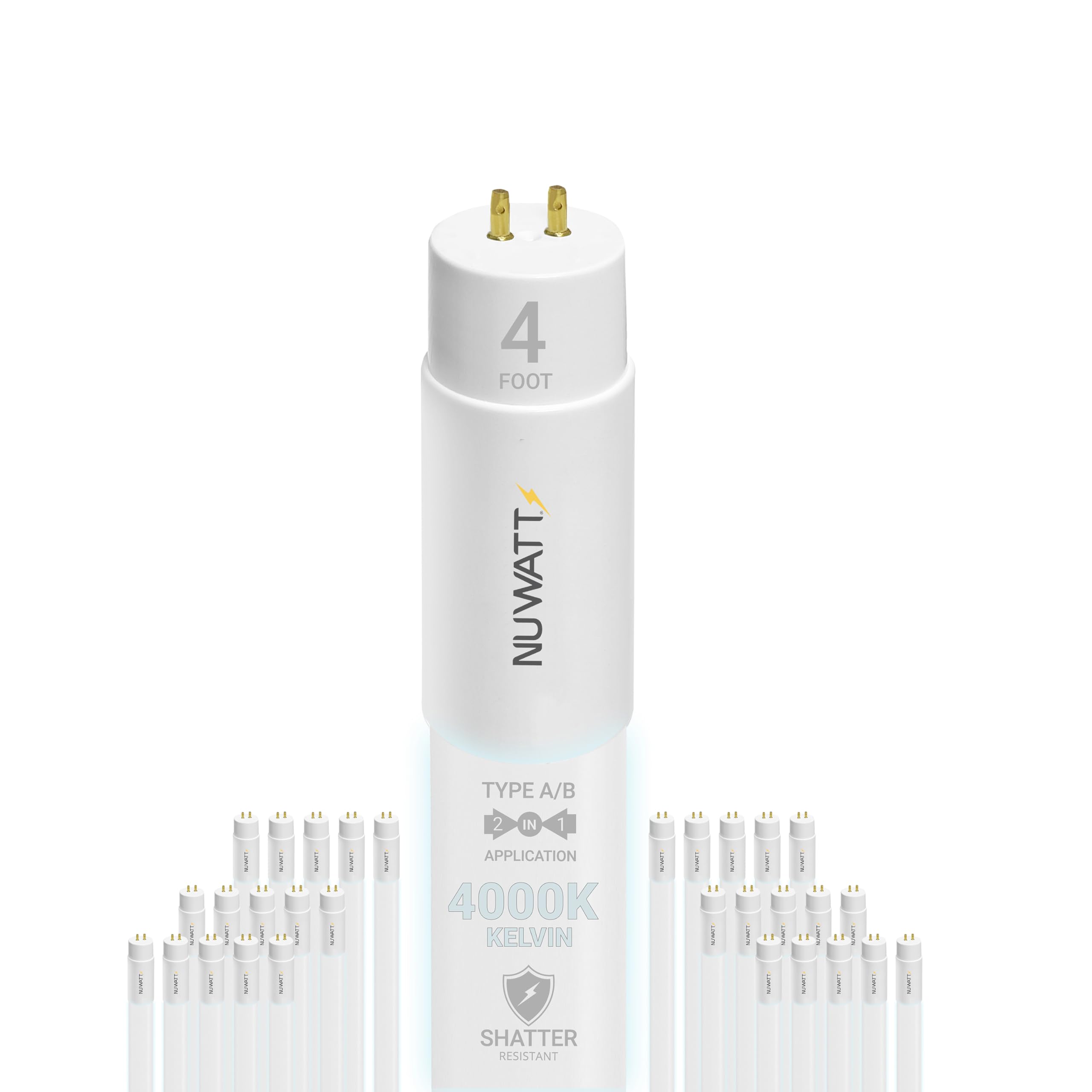 NUWATT 30 Pack 4 FT LED T8 Tube Light, T10 T12 Hybrid Type A+B, 4000K Cool White, 18W, High Brightness 2,200 Lumens, Plug & Play