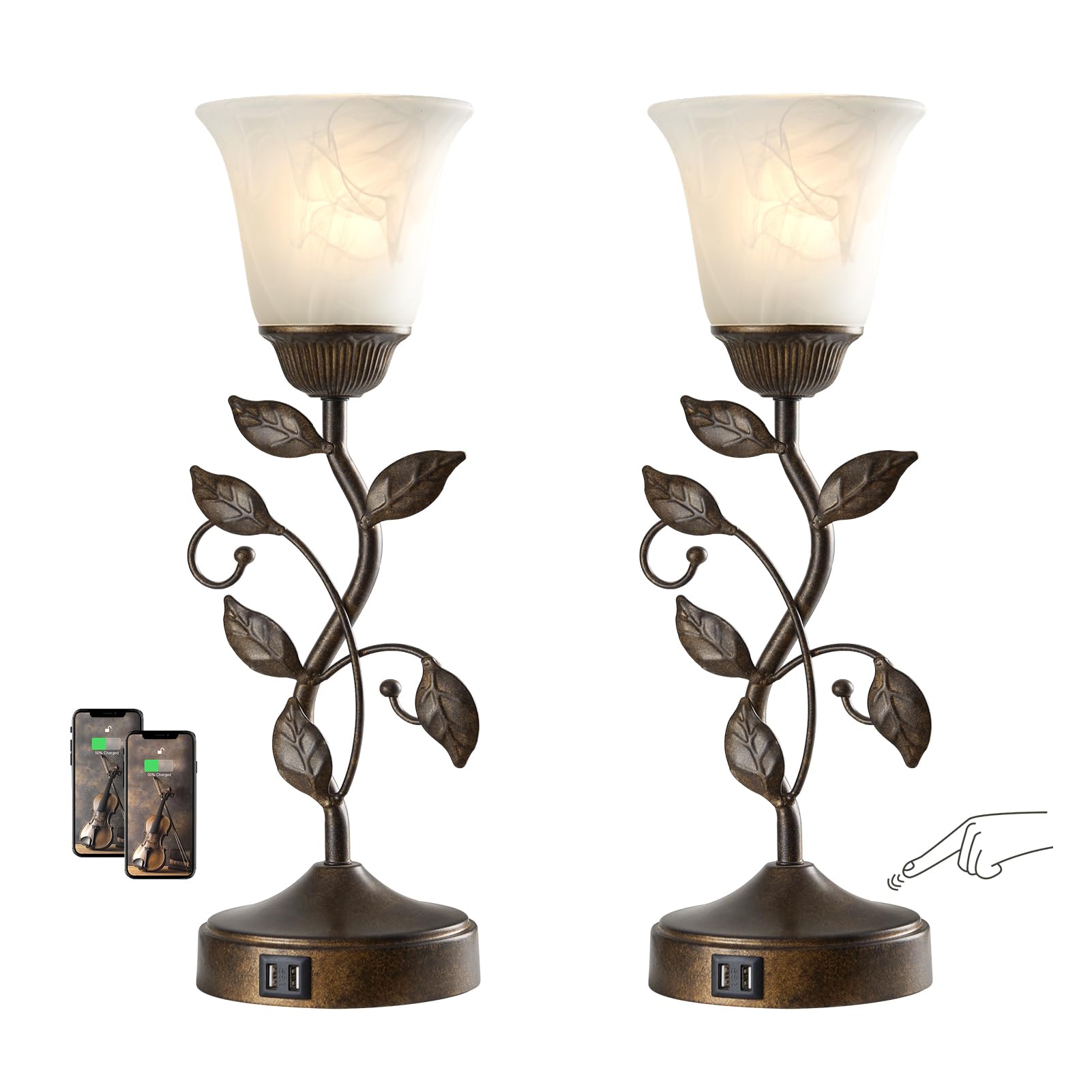 Roriano Set Of 2 Touch Farmhouse Bedroom Table Lamps, Nightstand Vintage Flower Lamps With 2 Usb Ports, 3 Way Dimmable Leaf Lamp