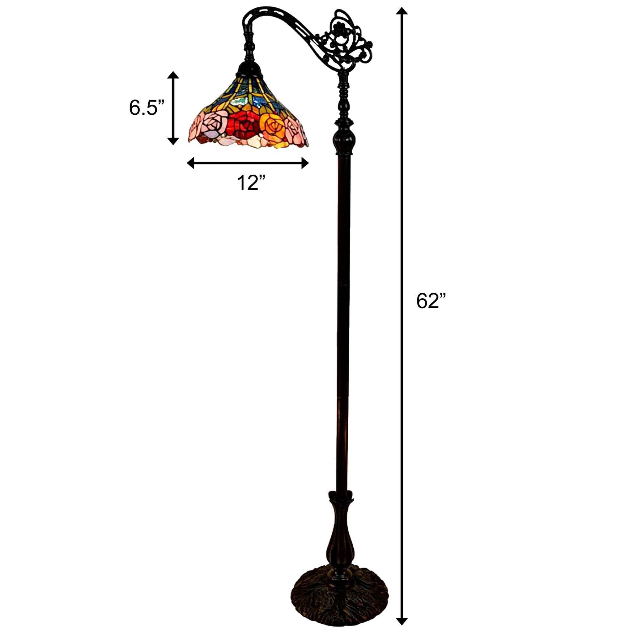 HomeRoots Floor Lamp with Stained Glass Dome Shade, 74 x 12 x 12 in., Traditional Design, Brown with Blue, Red & Yellow Flowers
