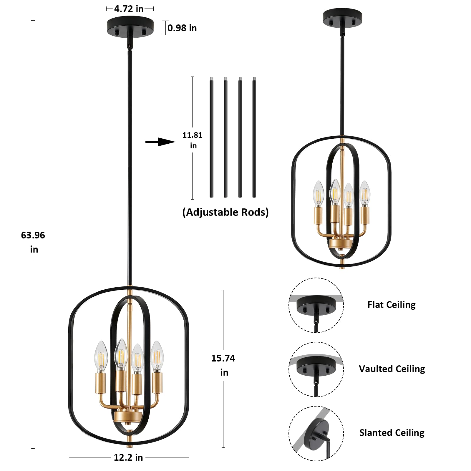 AKLMXCG Black and Gold Chandelier, 4 Light Modern Farmhouse Pendant, Metal Foyer Lighting Fixture, Model 7086