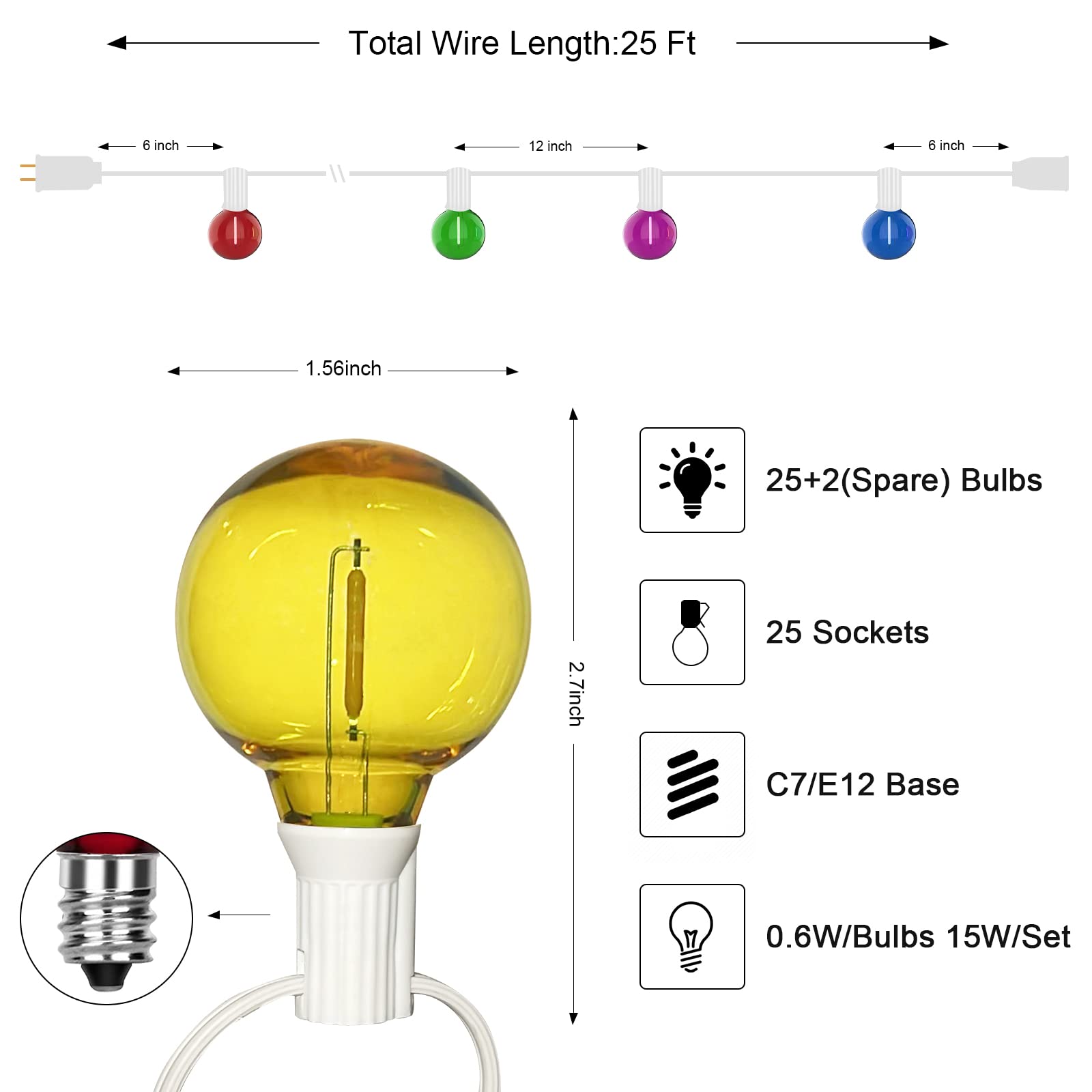 25Ft Led Outdoor String Lights, G40 Outdoor Christmas Decorations Lights Waterproof With 27 Led Globe Multicolor Bulb, Hanging V